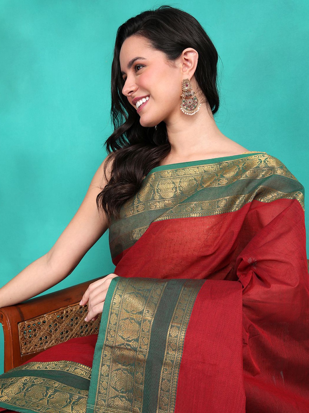 

Sangria Woven Design Tassels Saree With Blouse Piece, Red
