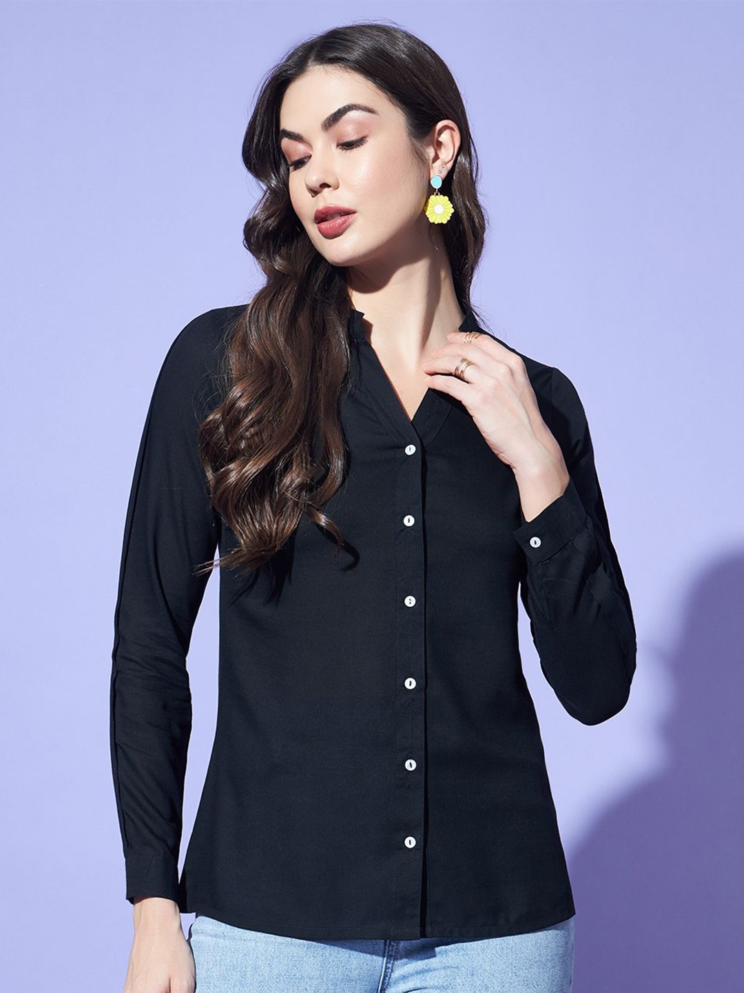 

BAESD Women Comfort Mandarin Collar Solid Casual Shirt, Black