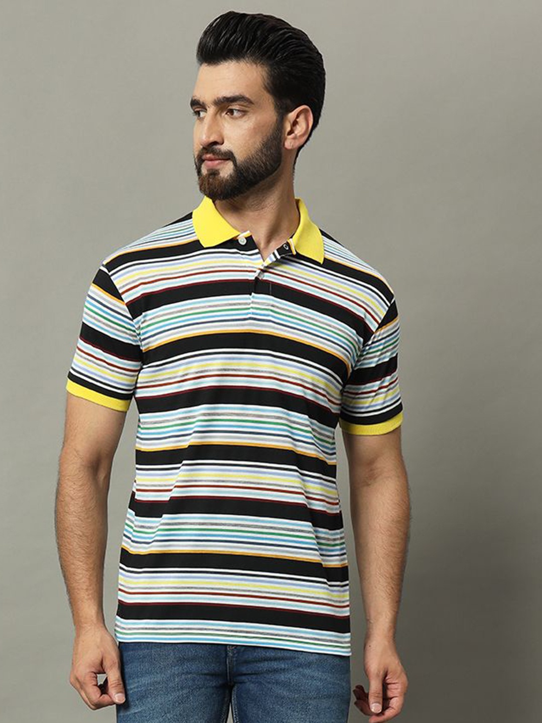 

GET GOLF Men Striped Polo Collar Cotton T-shirt, Blue