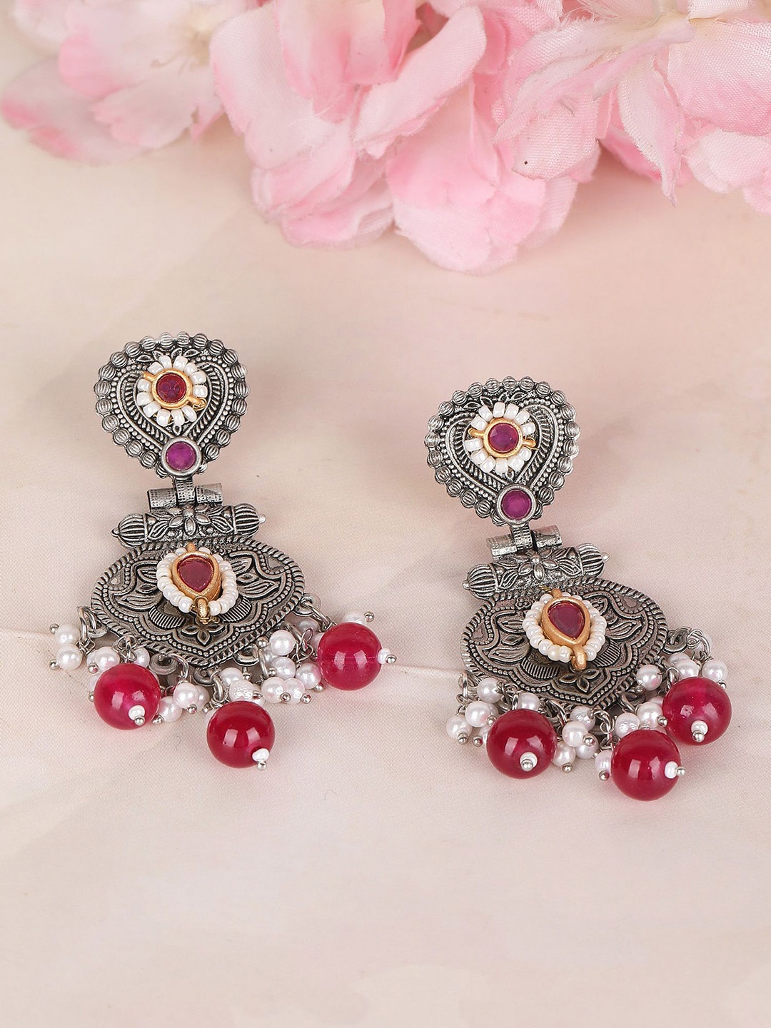 

Sangria Kundan Stone Studded & Beaded Drop Earrings, Silver