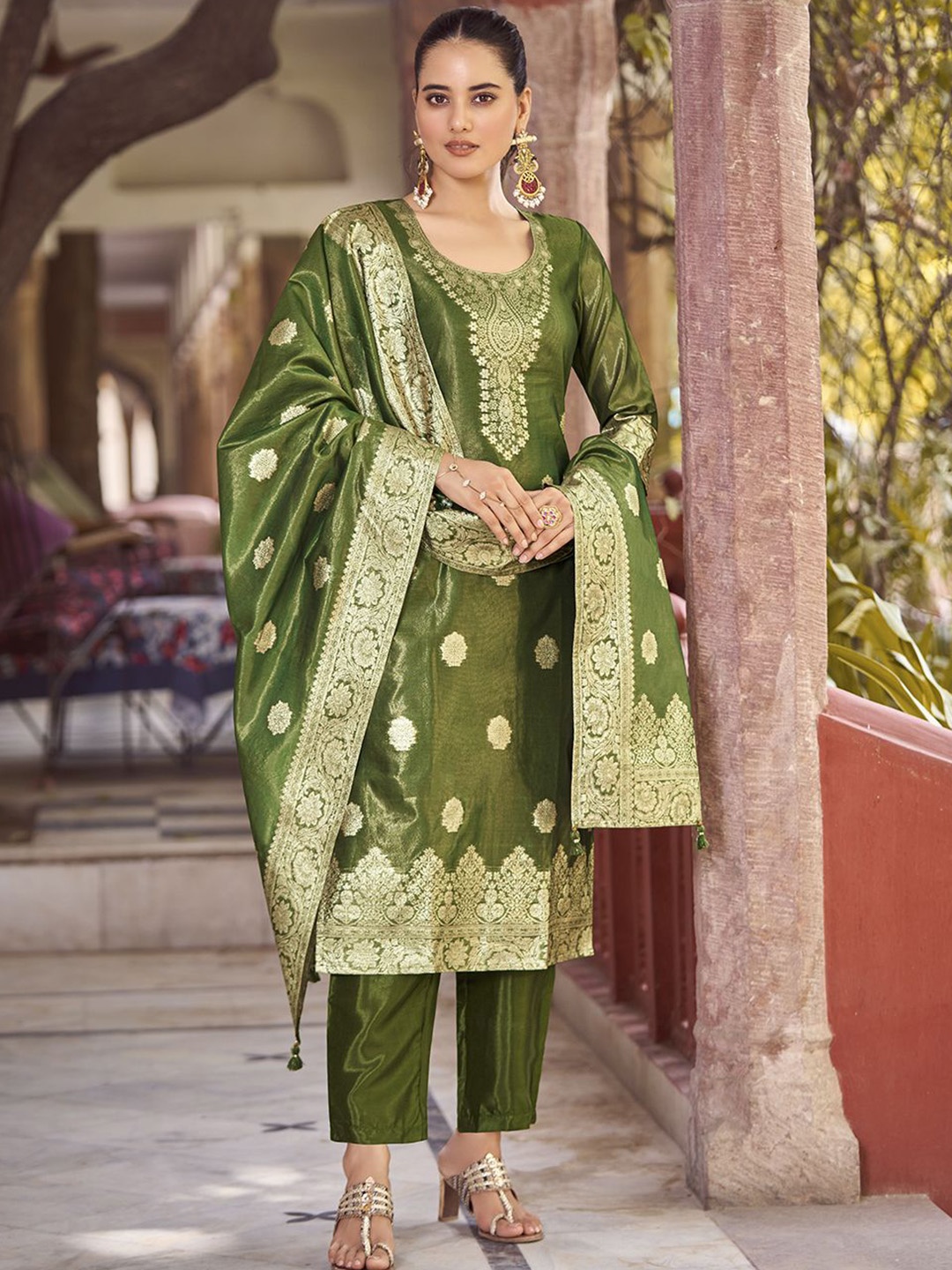 

KALINI Women Woven Straight Silk Blend Kurta with Trousers & With Dupatta, Green
