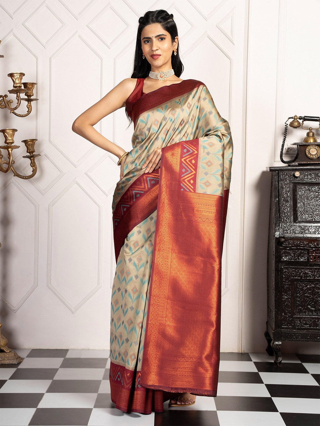 

MIMOSA Floral Woven Design Zari Pochampally Saree, Grey