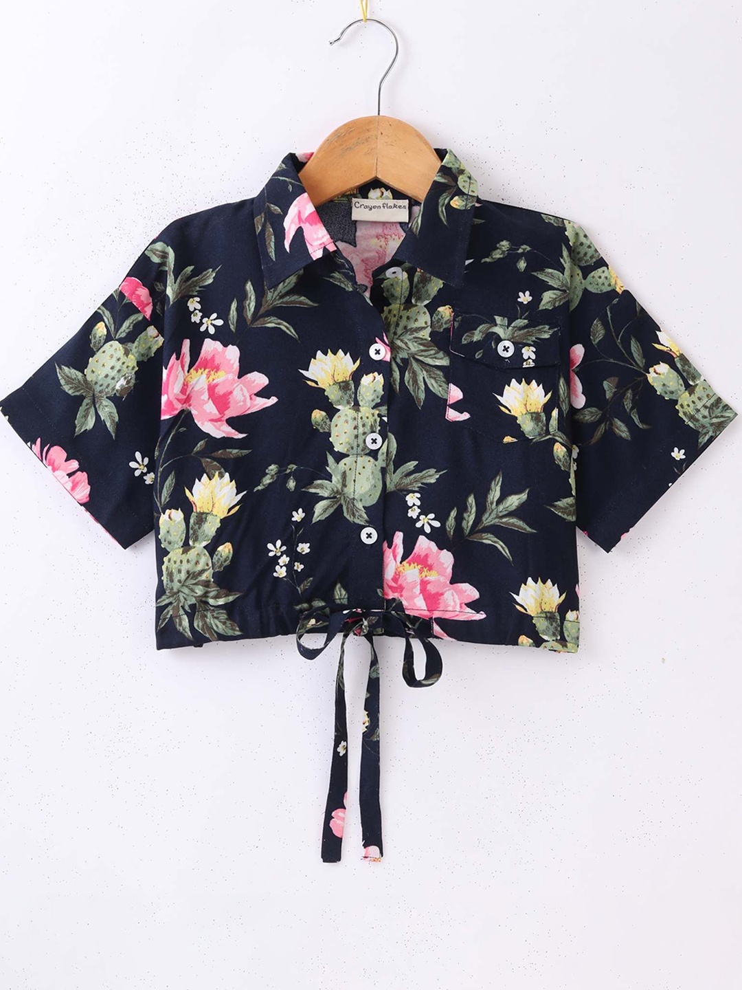 

CrayonFlakes Floral Print Flared Sleeve Shirt Style Top, Navy blue