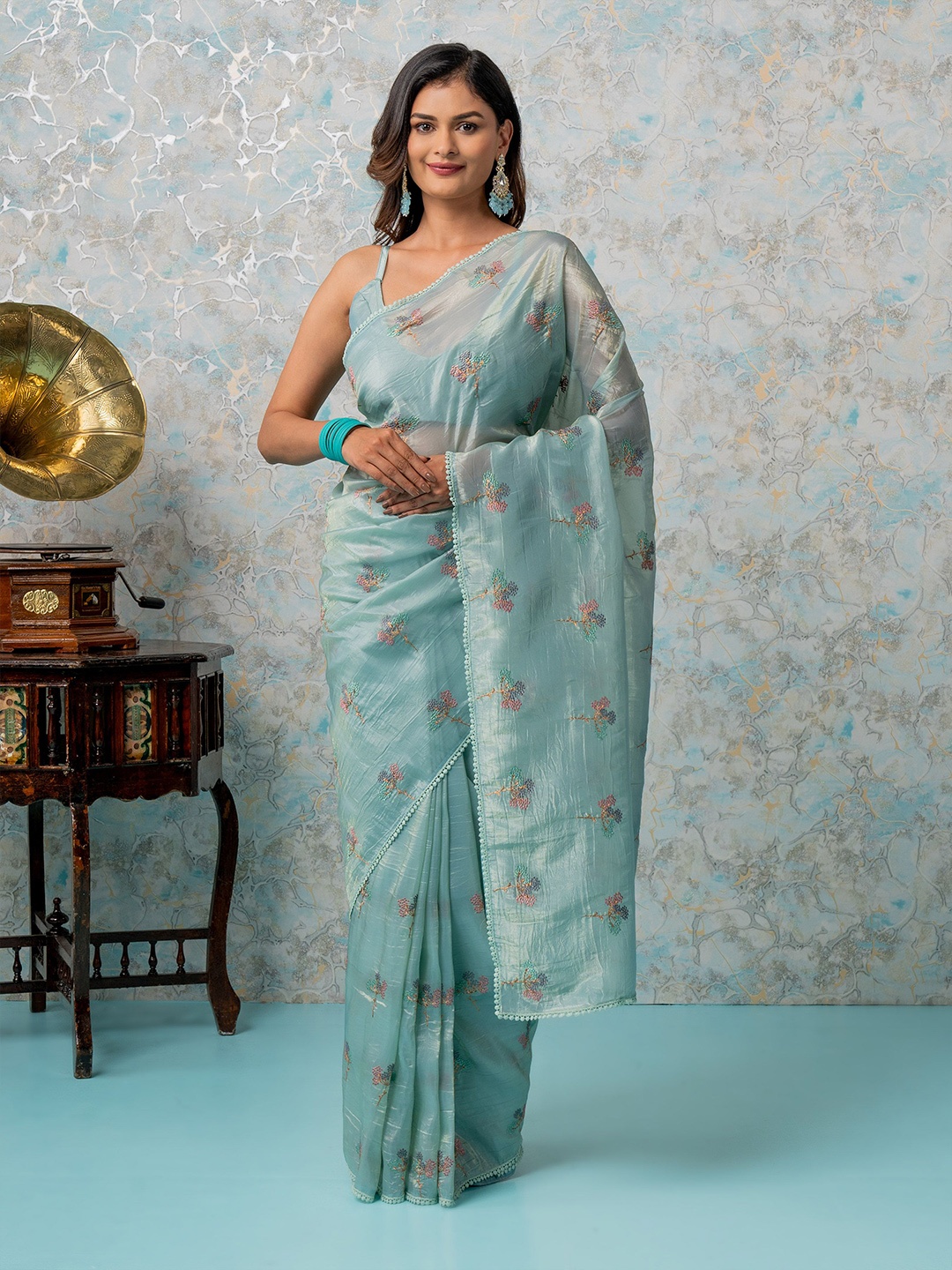 

MIMOSA Floral Patchwork Silk Blend Banarasi Saree, Turquoise blue