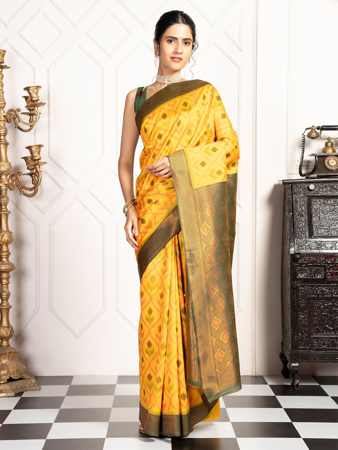 

MIMOSA Woven Design Zari Pochampally Saree, Gold