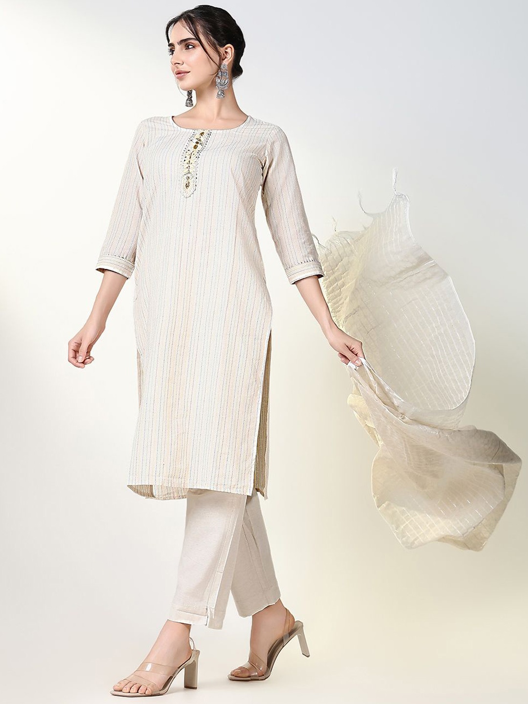 

SHOWOFF Women Striped Regular Kantha Work Kurta with Trousers & With Dupatta, Cream