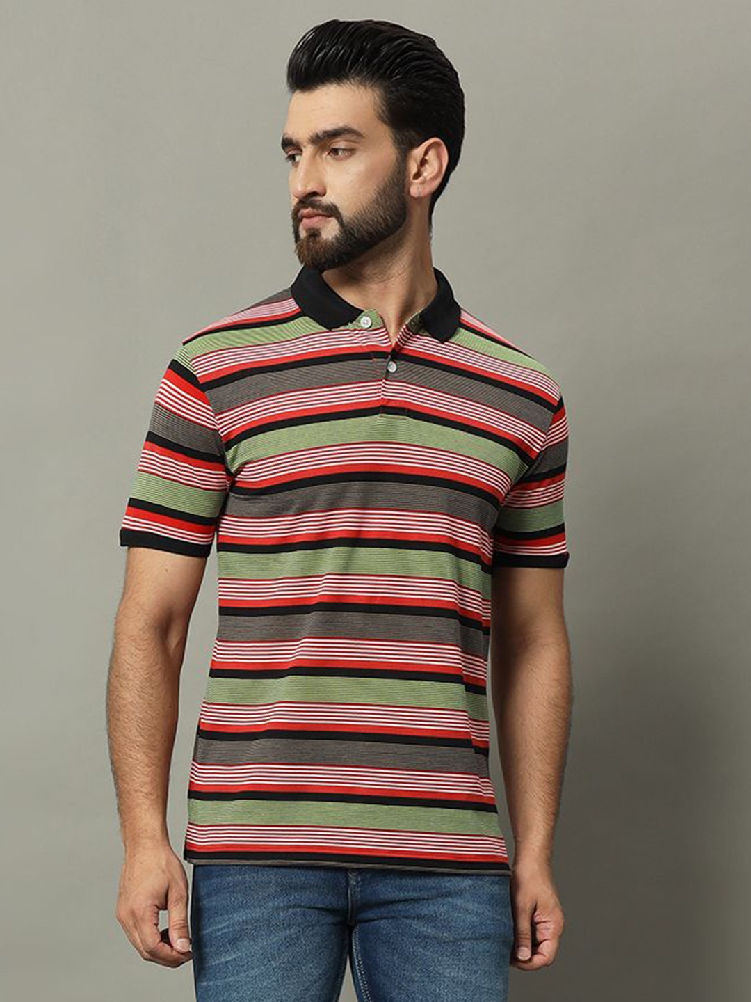 

GET GOLF Men Striped Polo Collar Cotton T-shirt, Green