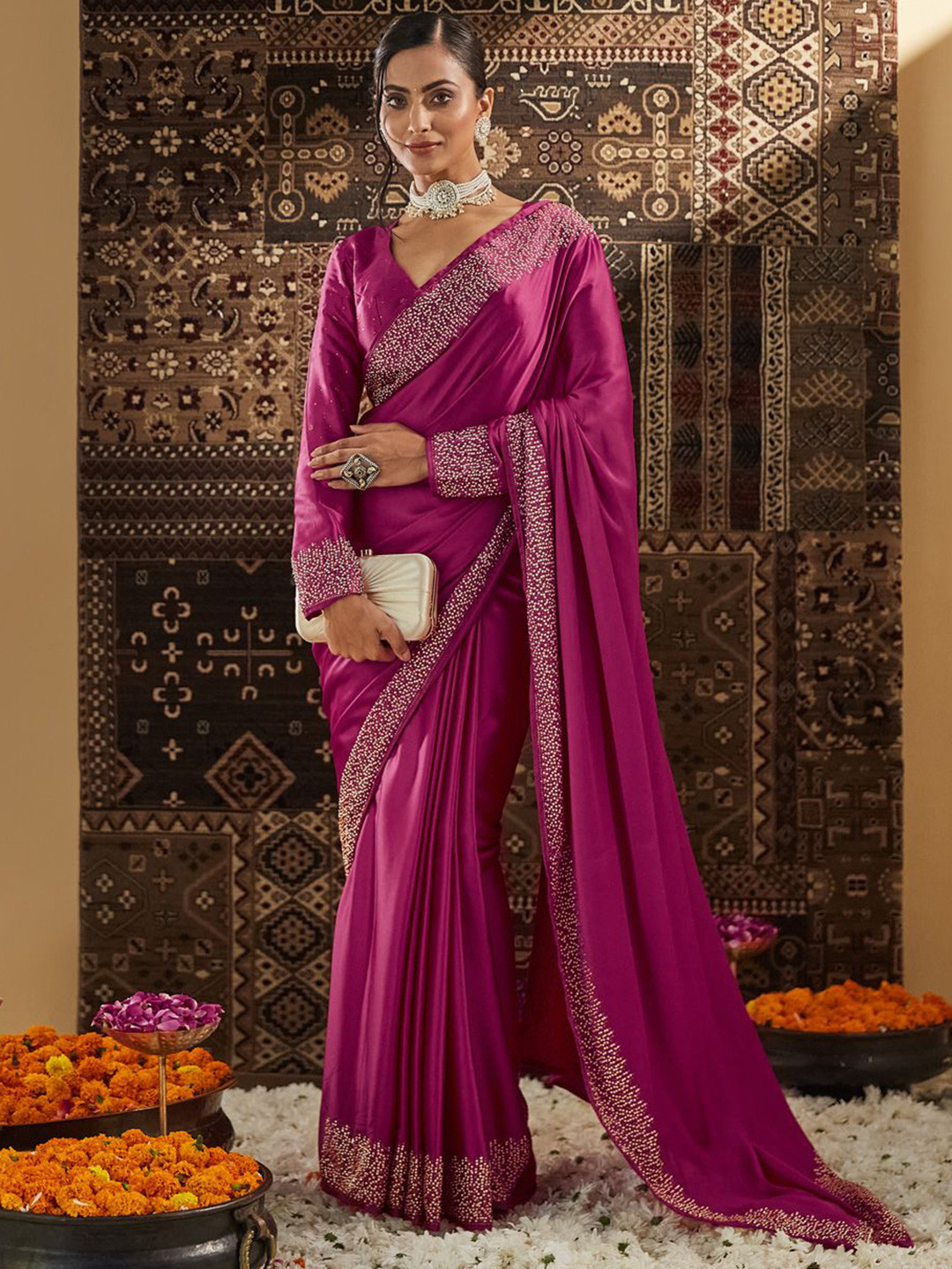 

kasee Beads and Stones Satin Saree, Pink