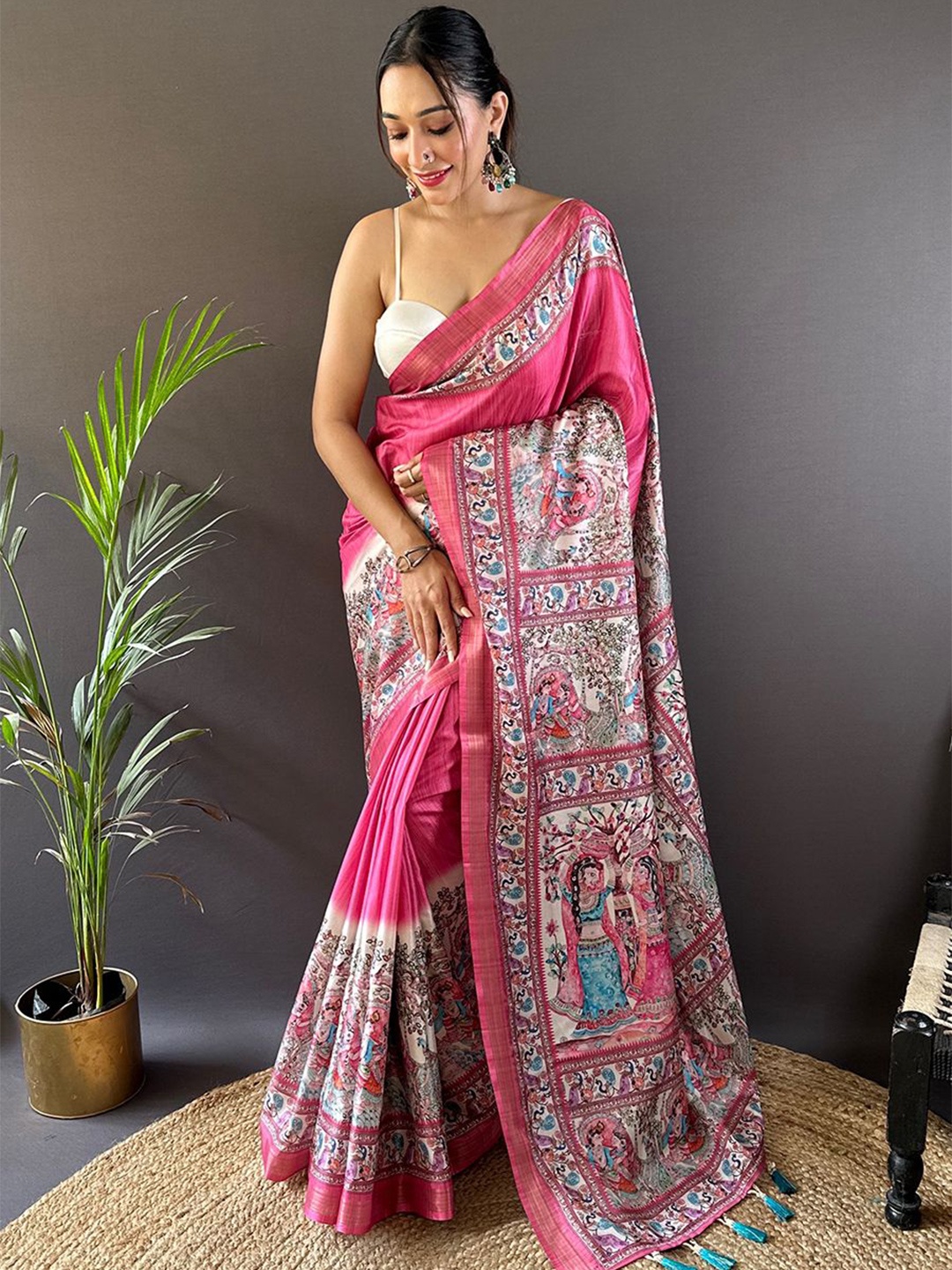 

LeeliPeeri Designer Kalamkari Silk Blend Designer Tussar Saree, Pink