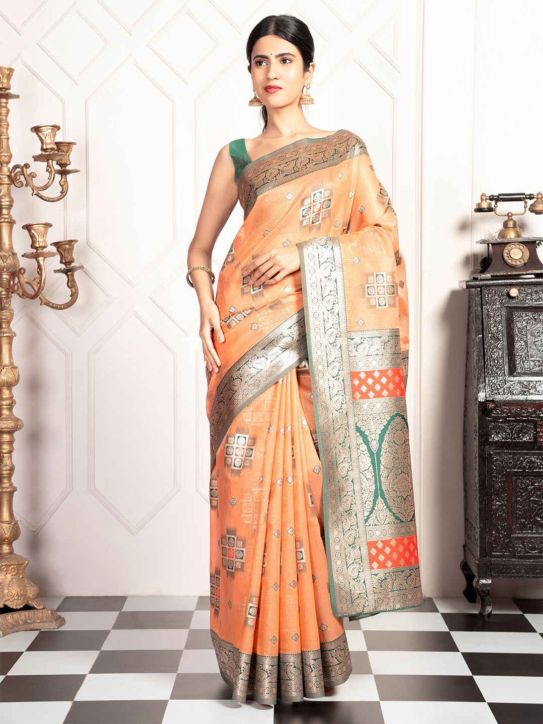 

MIMOSA Woven Design Zari Kanjeevaram Saree, Peach