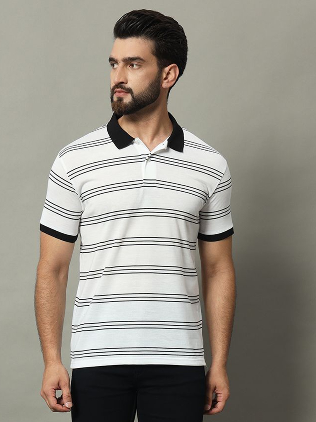 

GET GOLF Men Striped Polo Collar Cotton T-shirt, White
