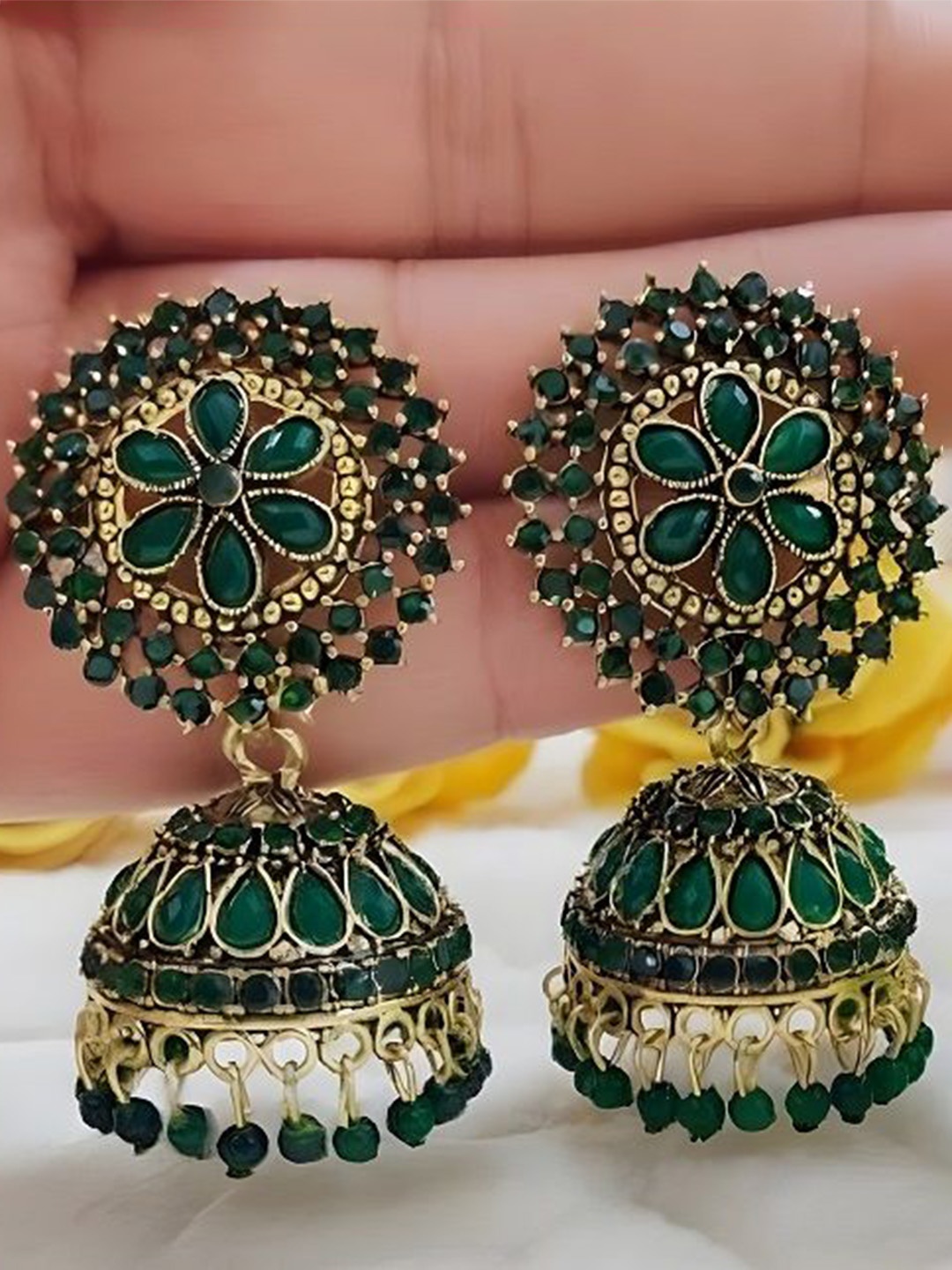 

JMBW INTERNATIONAL Dome Shaped Jhumkas Earrings, Green