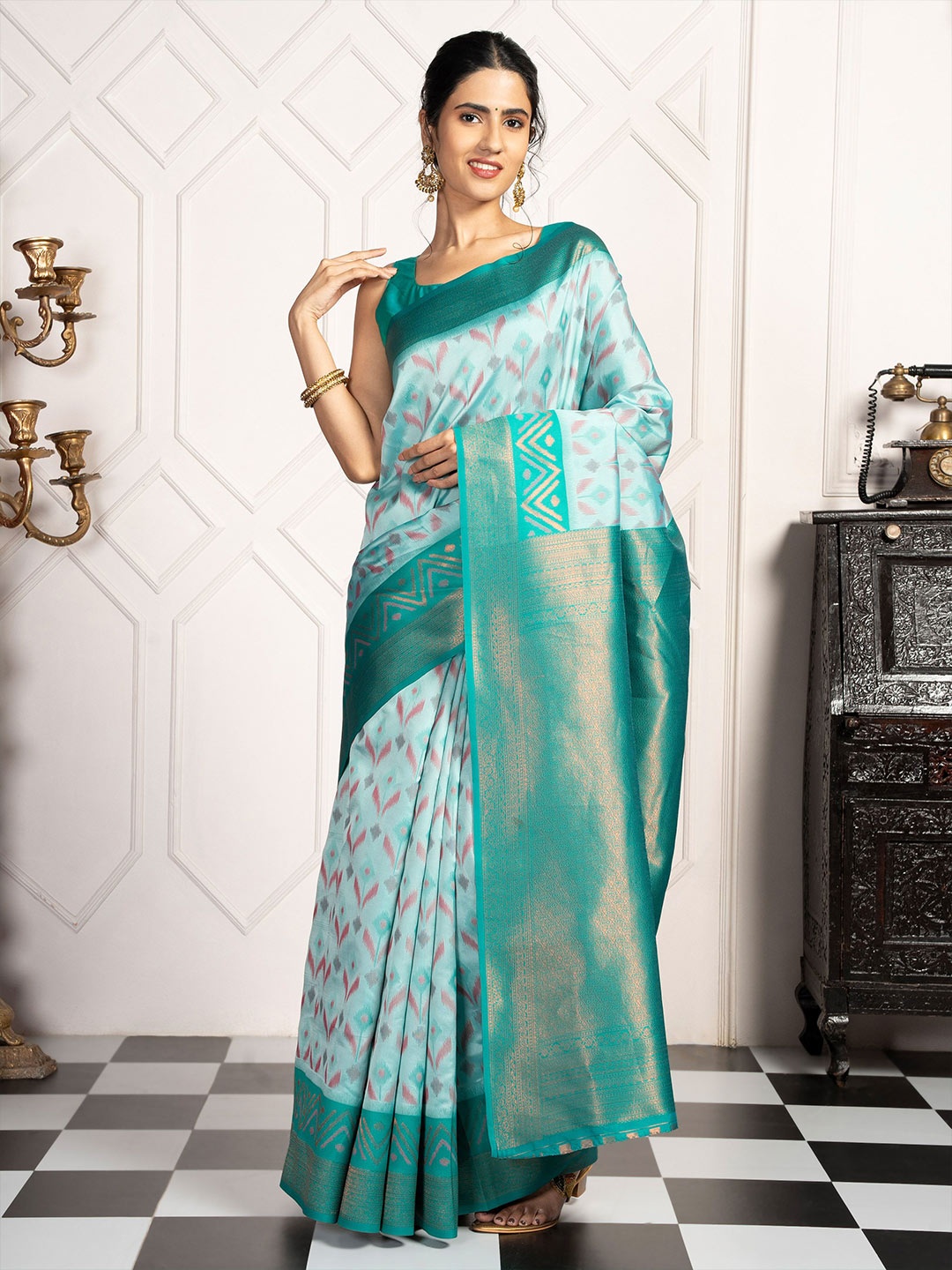 

MIMOSA Floral Zari Art Silk Designer Pochampally Saree, Turquoise blue
