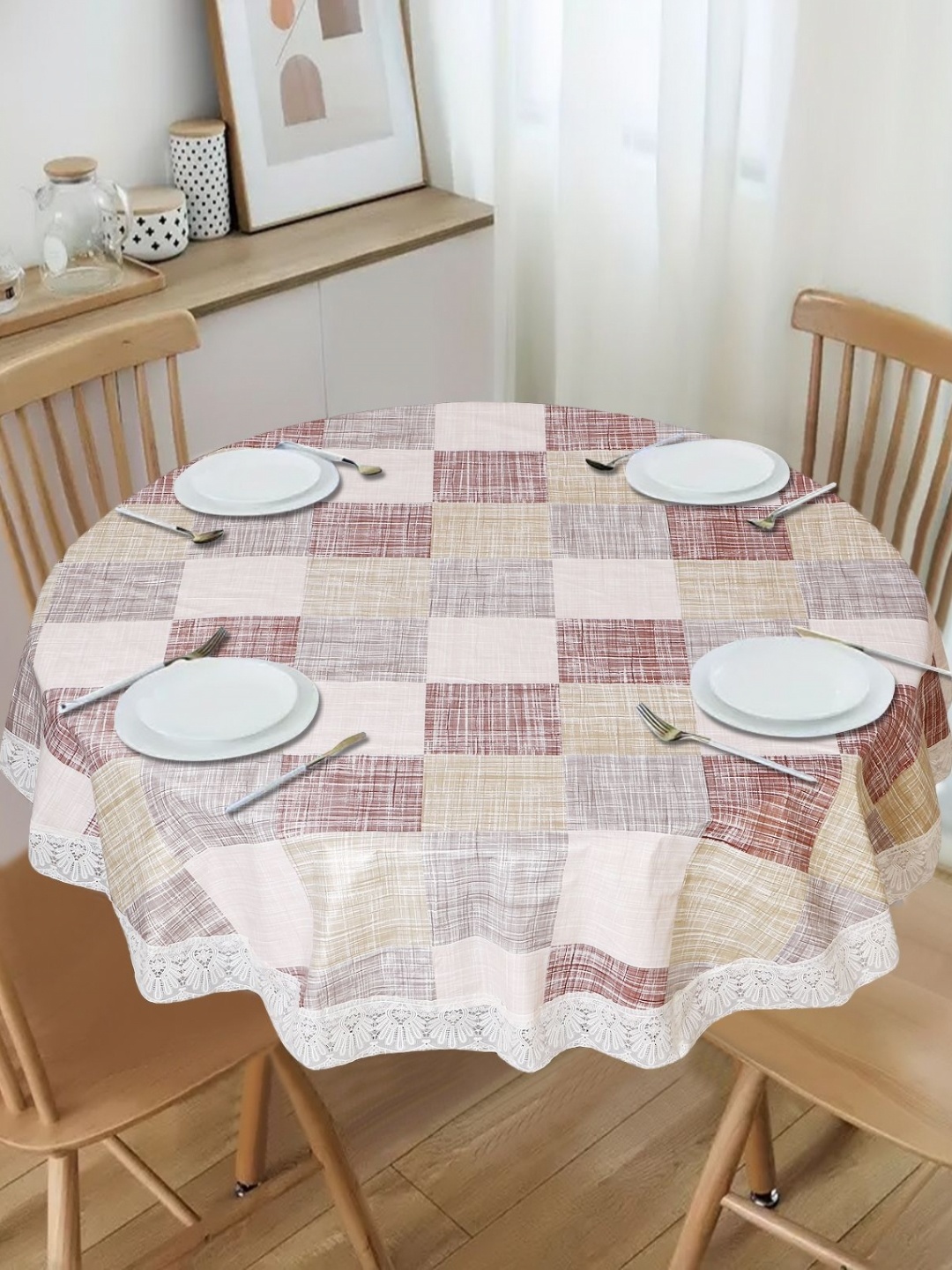 

Dakshya Industries Brown Geometric Printed Waterproof Plastic Round 6-Seater Table Cover