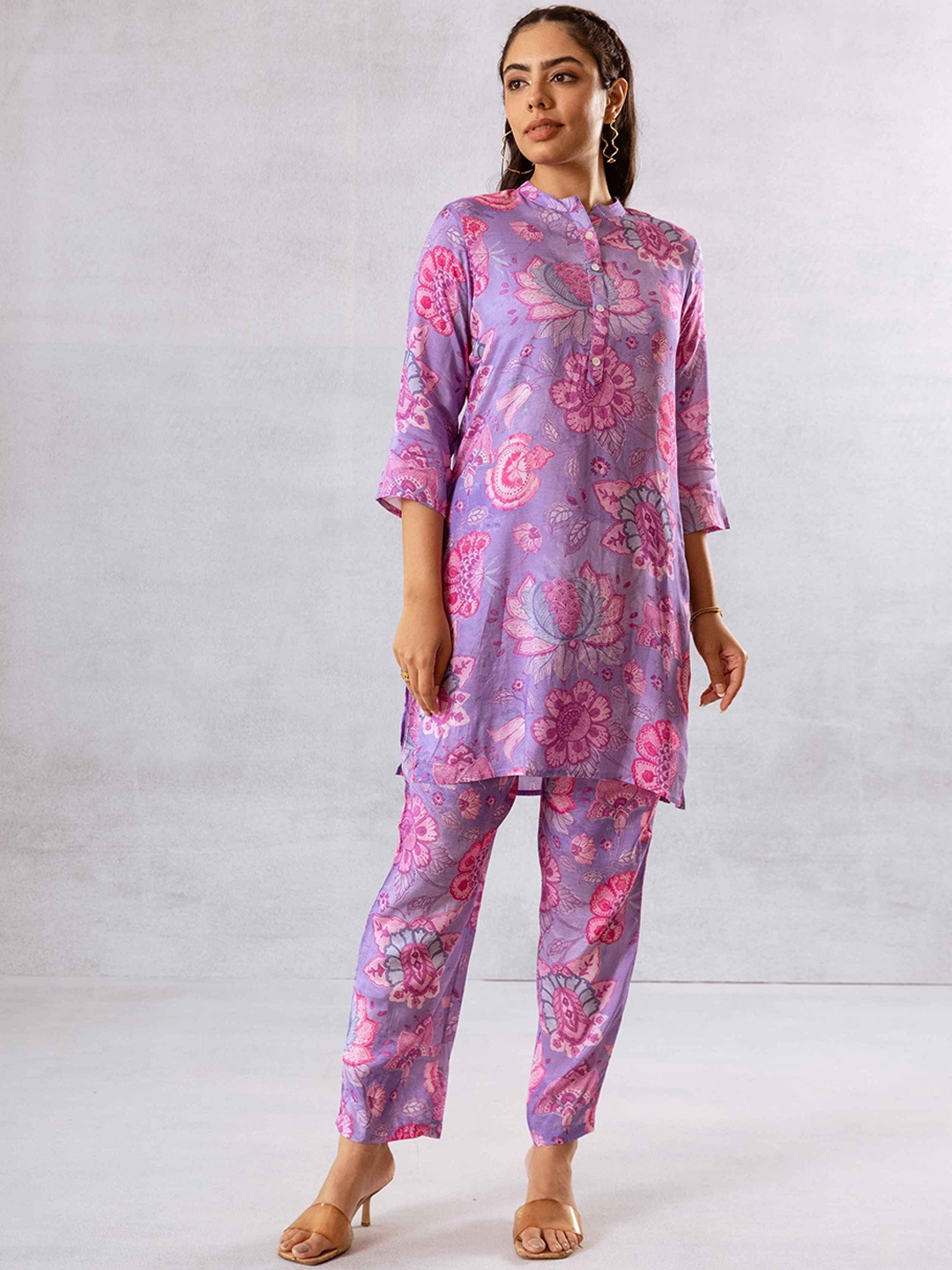 

HUKUM Mandarin Collar Printed Tunic & Trousers Co-Ords, Purple