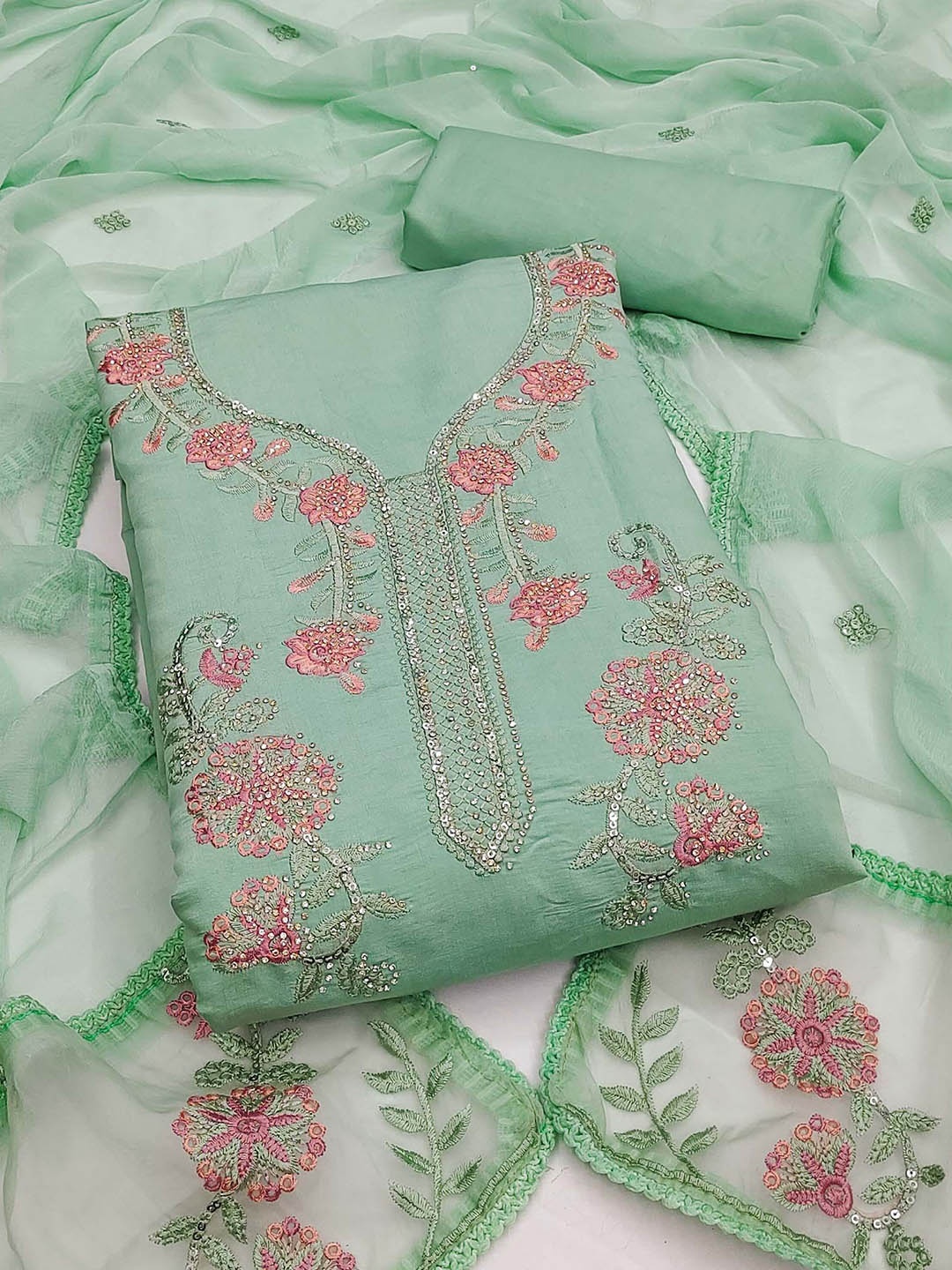 

Peachmode Embroidered Unstitched Dress Material, Green