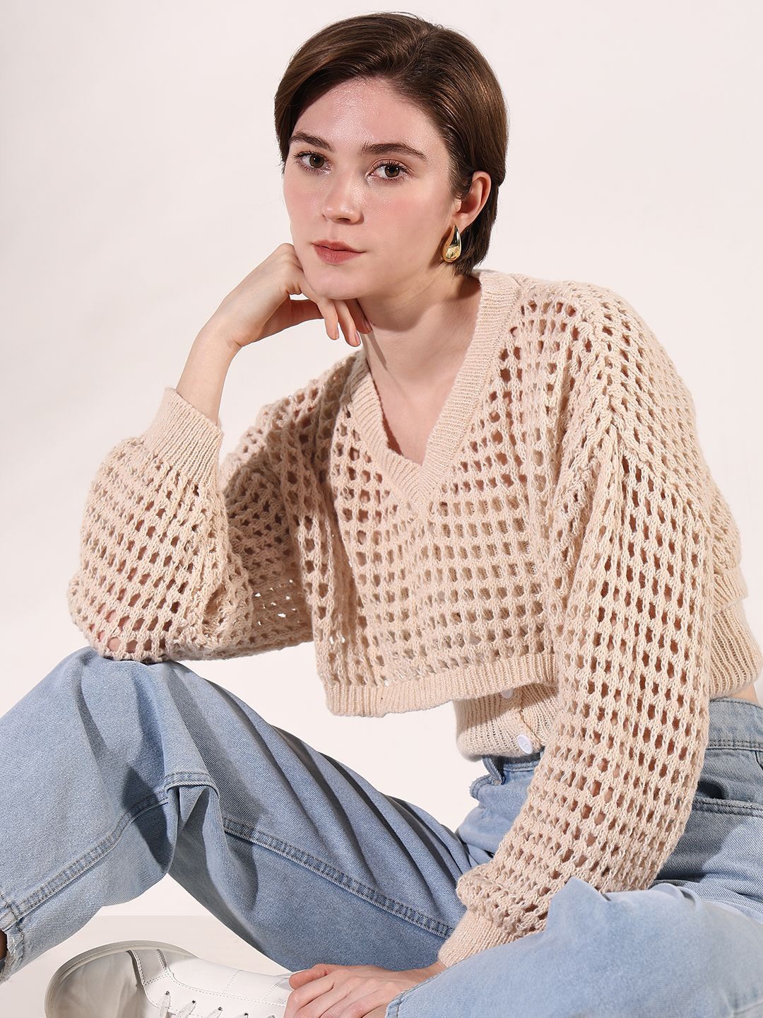 

SHOWOFF Women V-Neck Crochet Fitted Crop Top with Over top, Cream