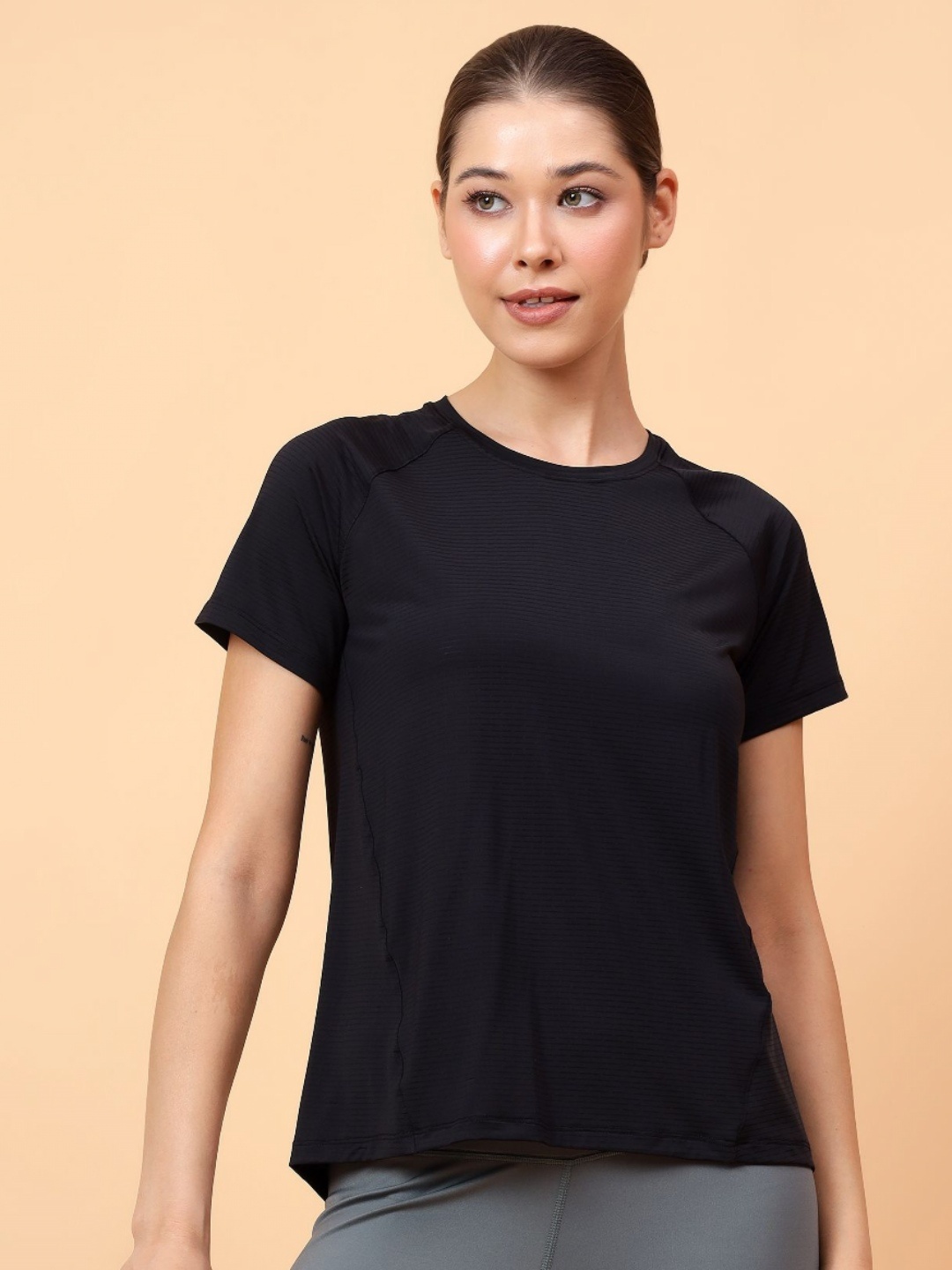 

Fitkin Women Green Self Stripe Round Neck T-Shirt, Black