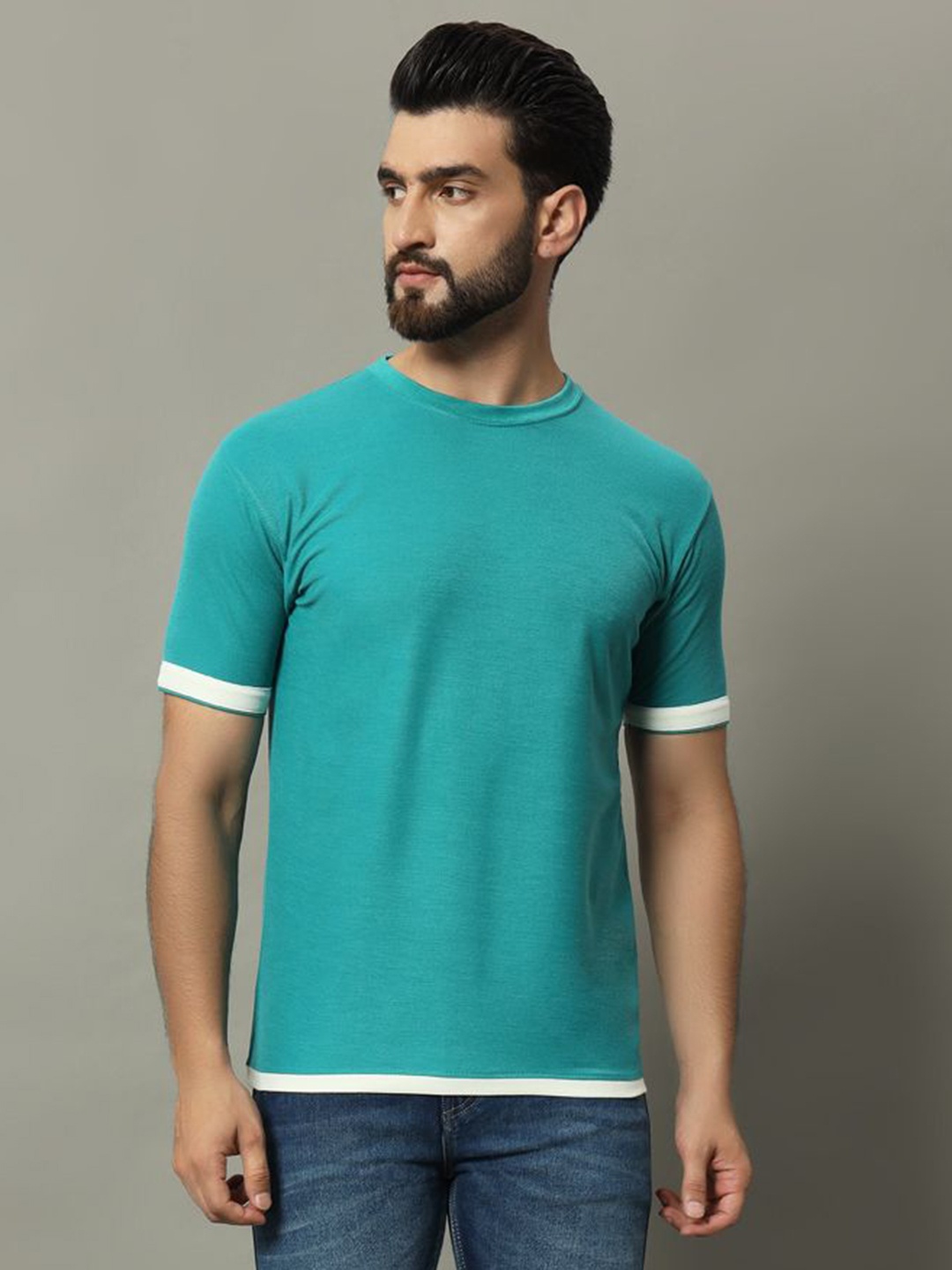 

GET GOLF Men Solid Round Neck Cotton T-shirt, Turquoise blue