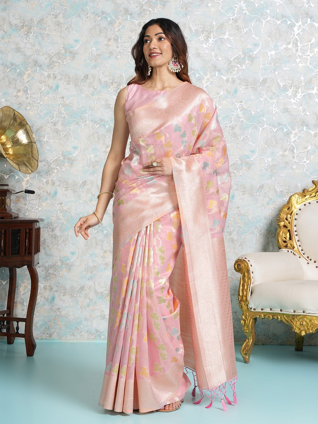 

MIMOSA Floral Woven Design Zari Banarasi Saree, Pink