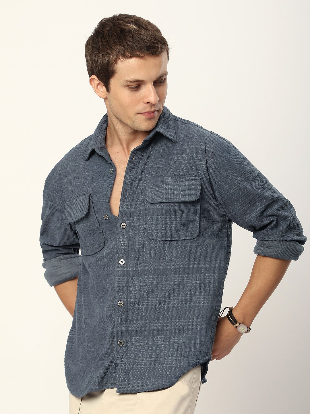 

Beyoung Geometric Textured Corduroy Shirt, Grey