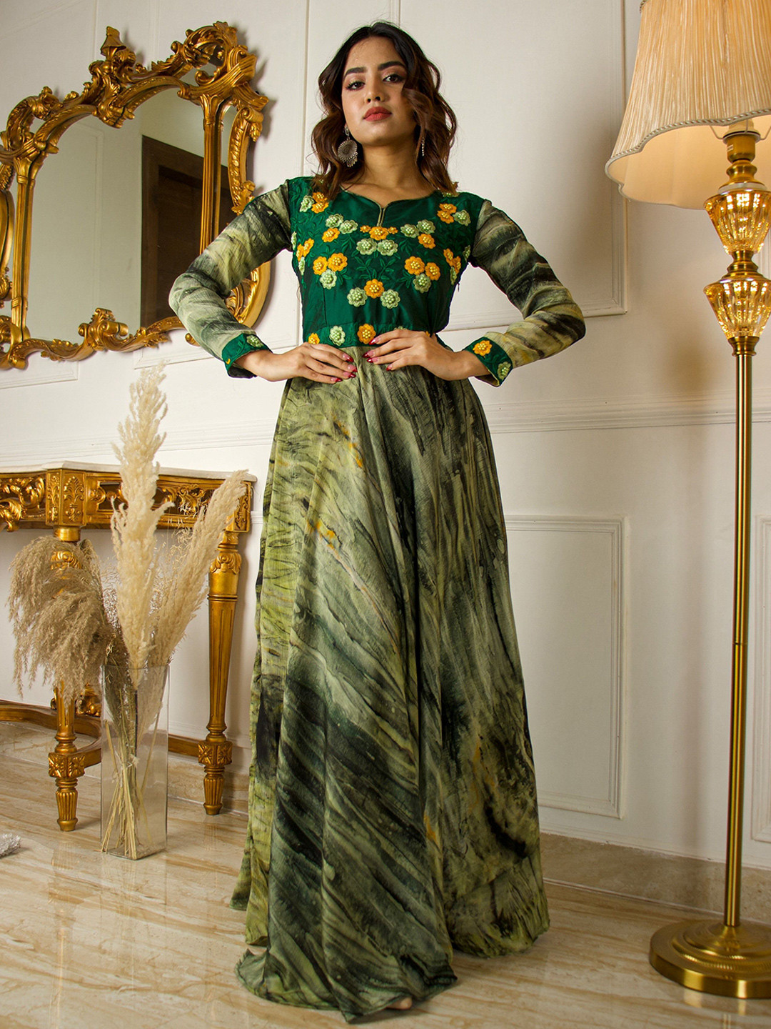 

VIVARAA FASHION Embroidered Chiffon Fit & Flare Maxi Dress, Green
