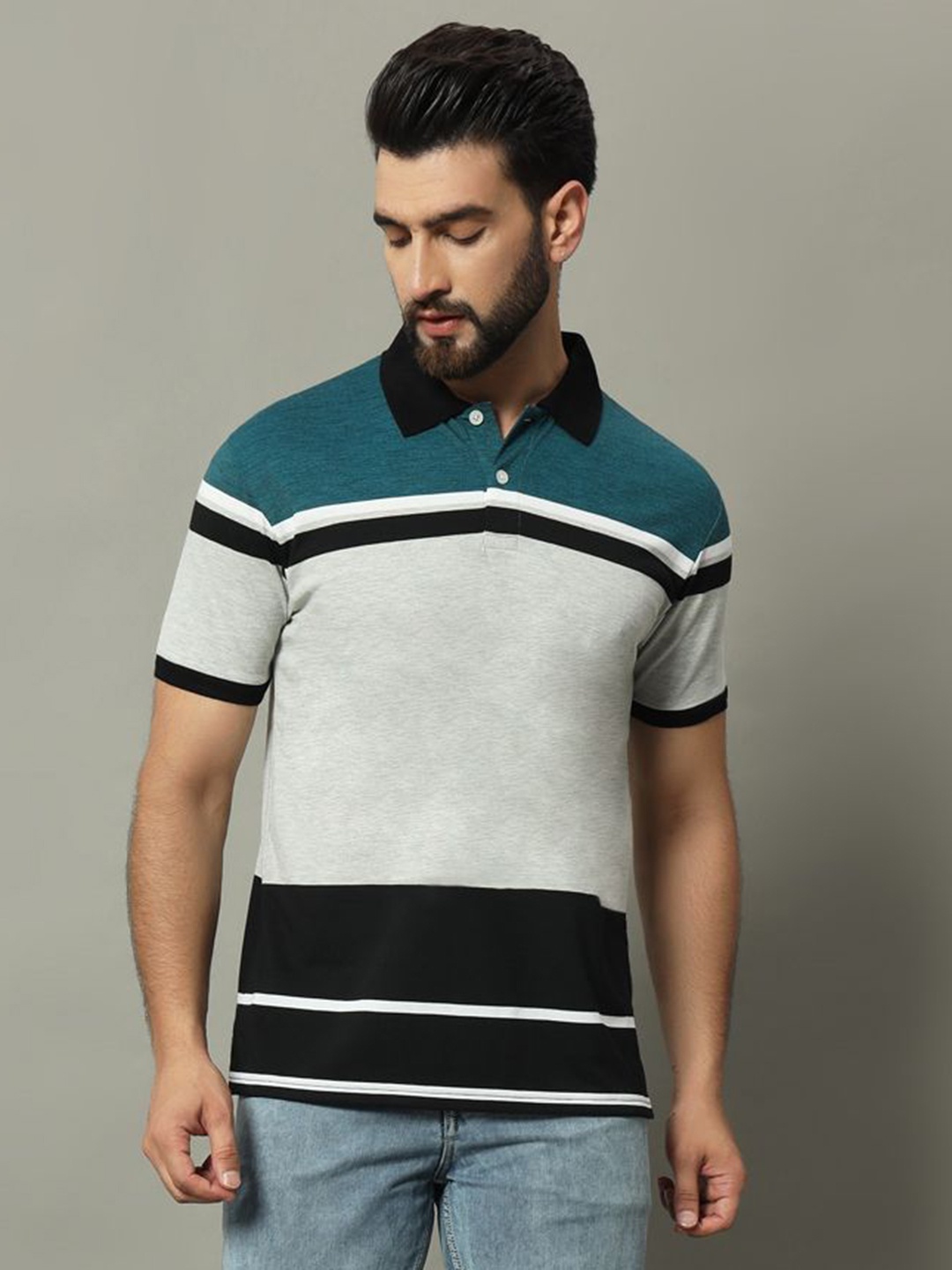 

GET GOLF Men Striped Polo Collar Cotton T-shirt, White