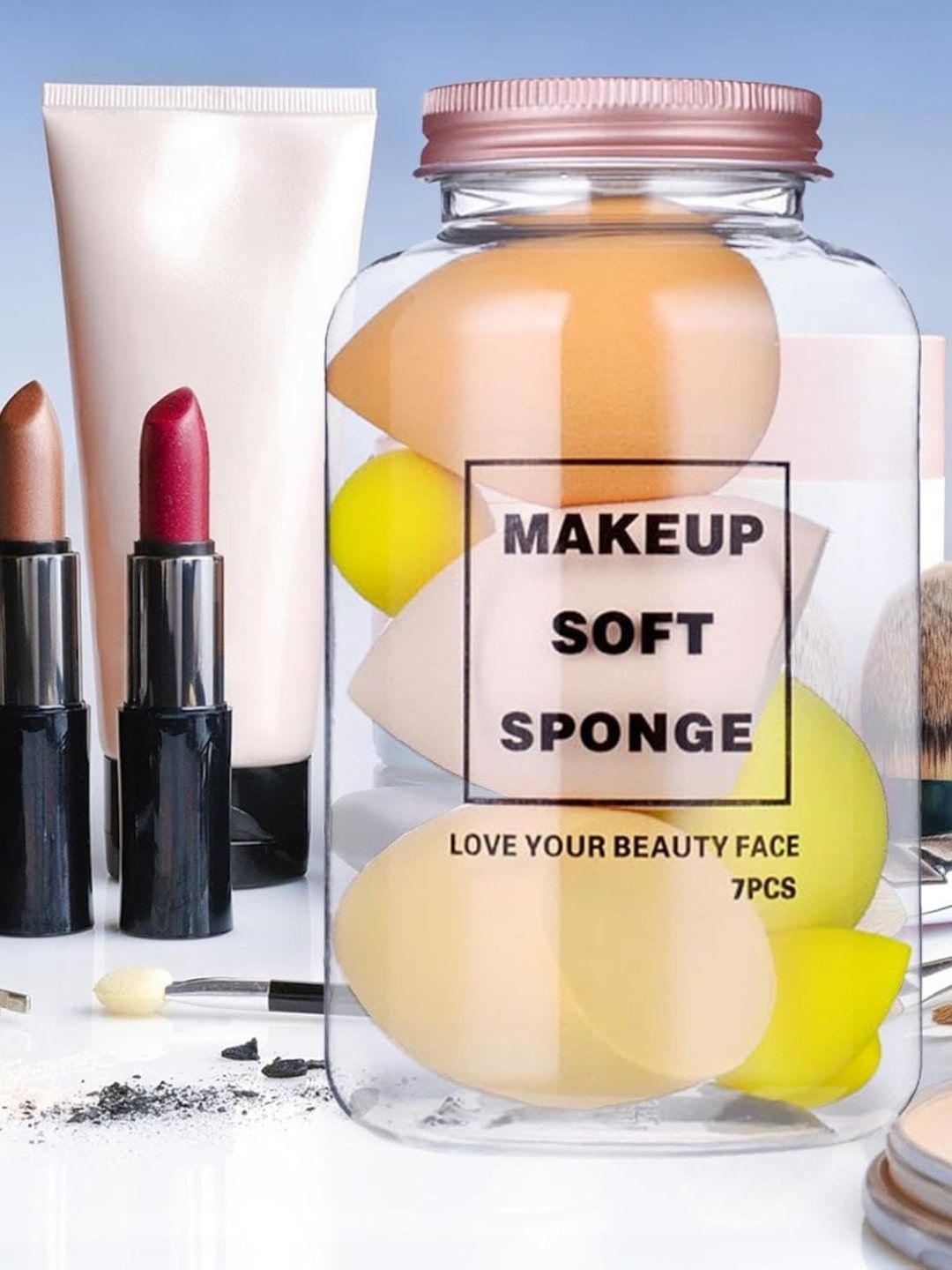 

FEELHIGH Set Of 7 Professional Blender Makeup Sponge With Storage Jar, Yellow