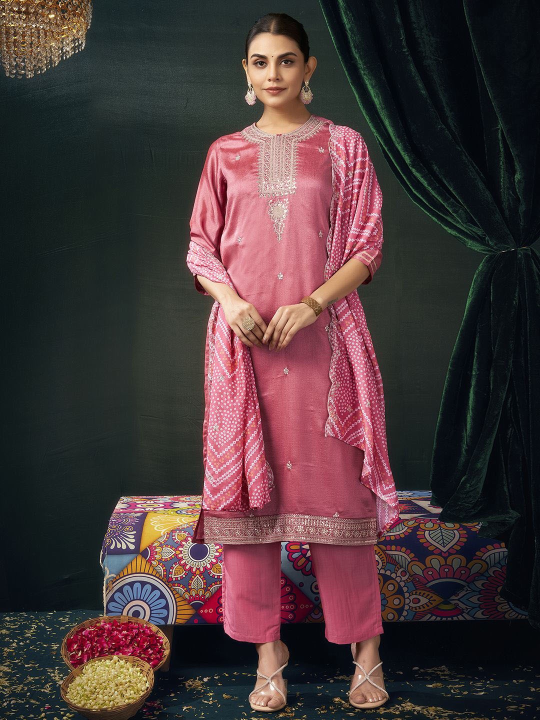 

SKYLEE Women Ethnic Motifs Embroidered Regular Sequinned Kurta with Trousers & With Dupatta, Pink