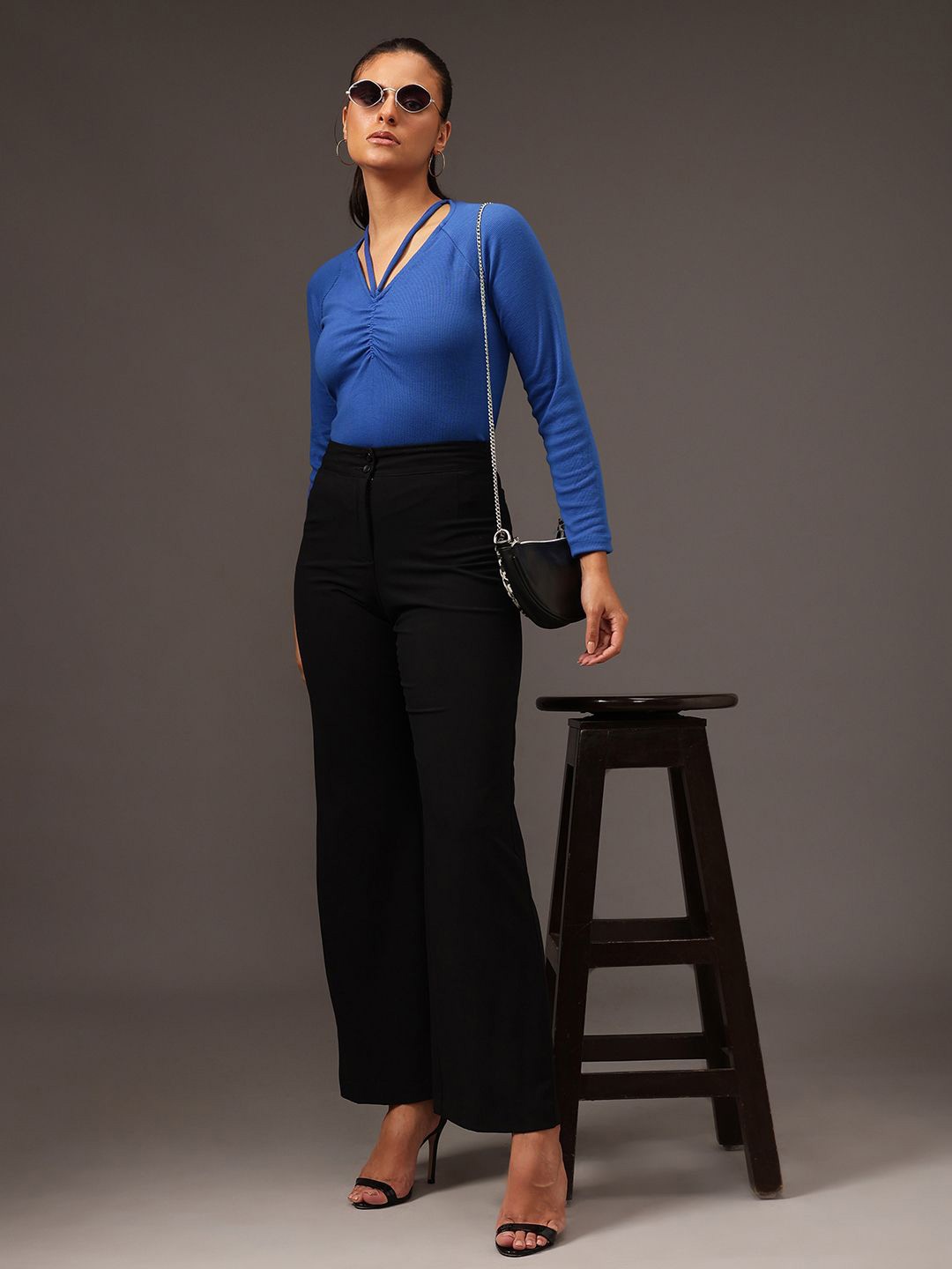 

STREET 9 Mandarin Collar Cotton Top, Blue