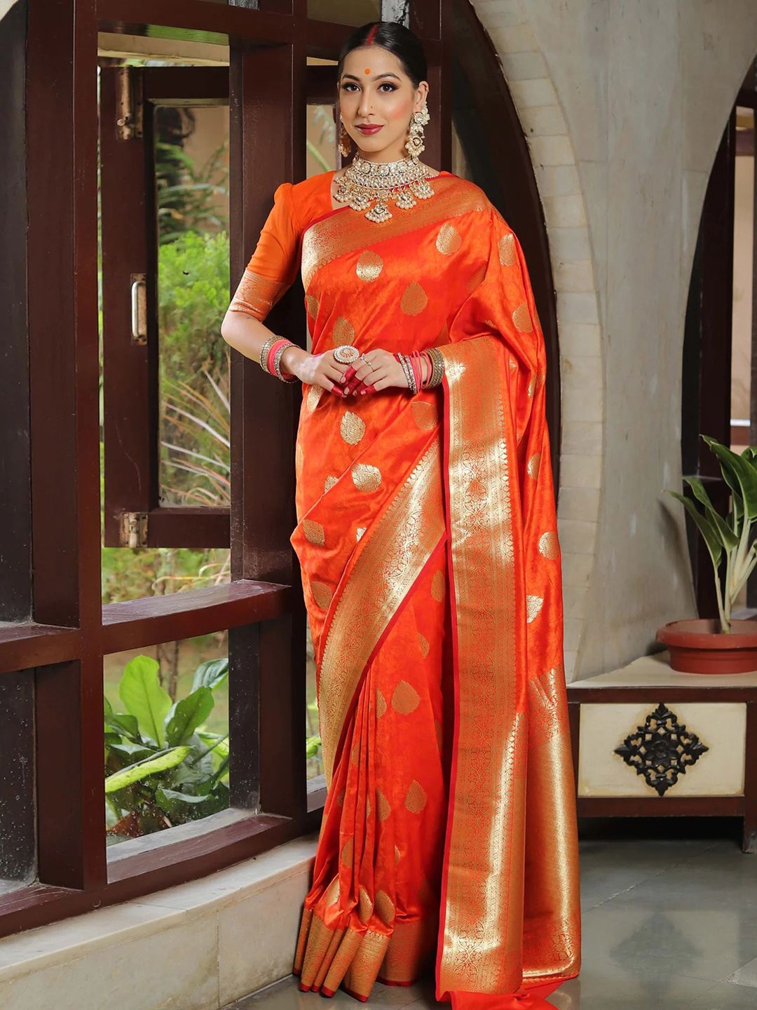 

KALINI Woven Design Zari Silk Blend Banarasi Saree, Orange