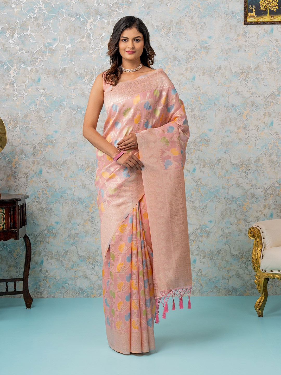 

MIMOSA Woven Design Zari Art Silk Banarasi Saree With Blouse Piece, Pink
