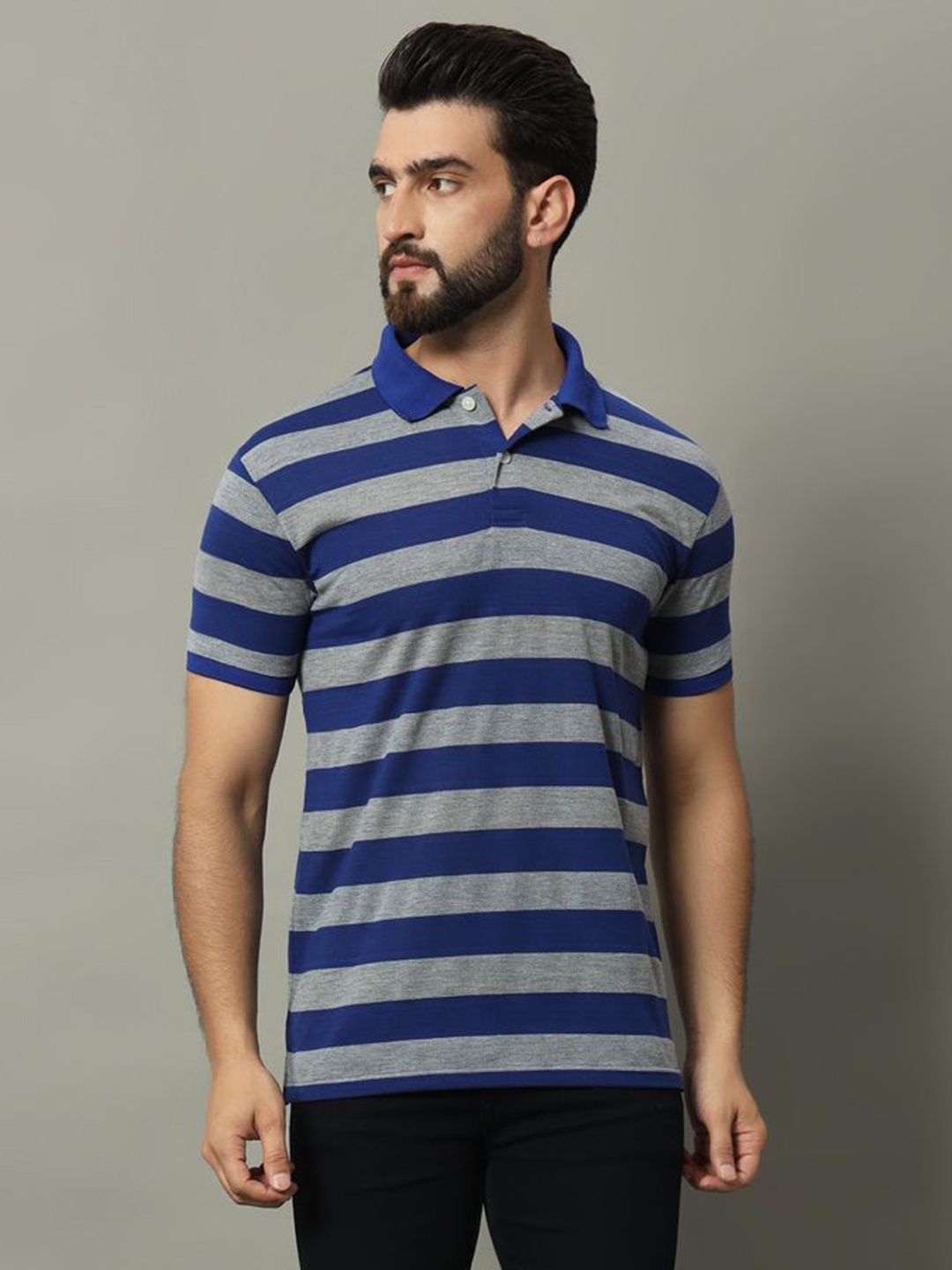 

GET GOLF Men Striped Polo Collar Cotton T-shirt, Navy blue