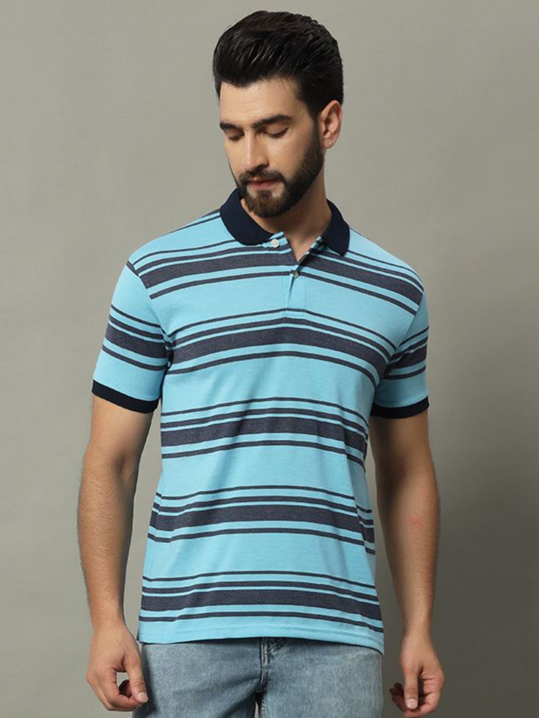 

GET GOLF Men Striped Polo Collar Cotton T-shirt, Black