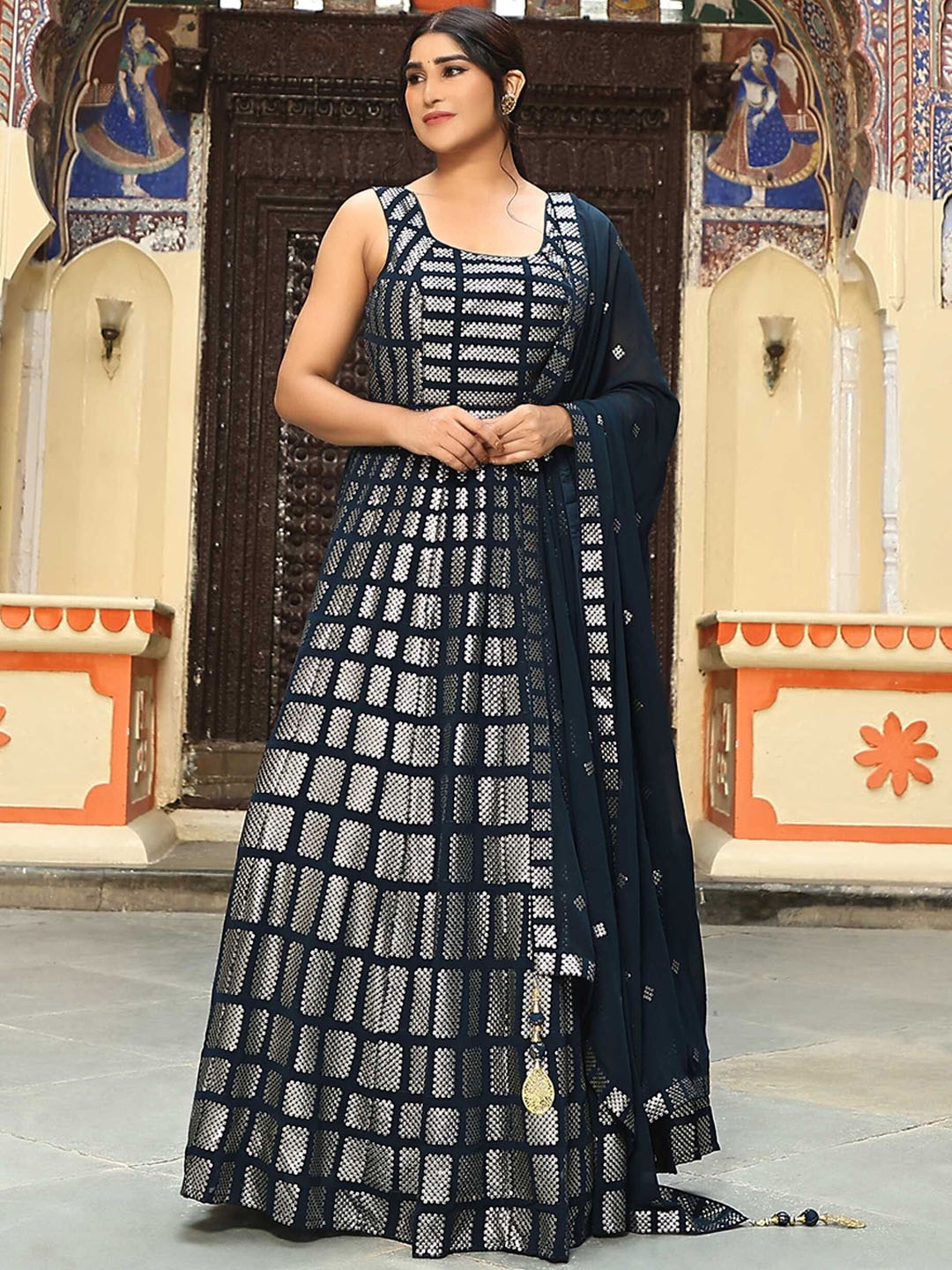 

VANAKARA Sequins Embroidered Maxi Gown Ethnic Dress With Dupatta, Navy blue