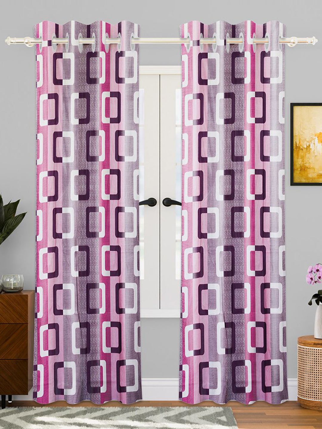 

Kuber Industries Pink & White Set of 2 Geometric Door Curtain