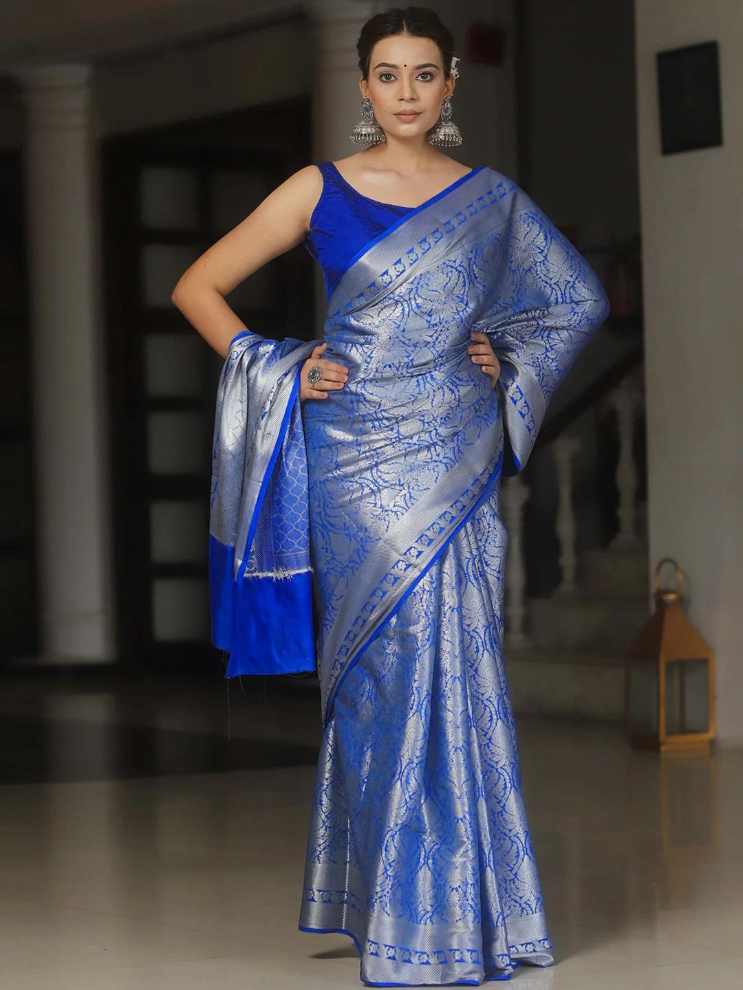 

KALINI Woven Design Zari Silk Blend Banarasi Saree, Blue