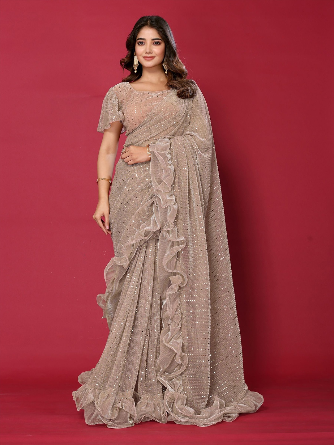 

VIJAYA VALLABH Embellished Beads and Stones Saree, Rose