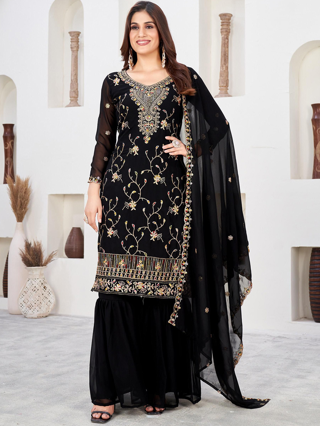 

VenderVilla Embroidered Semi-Stitched Dress Material, Black