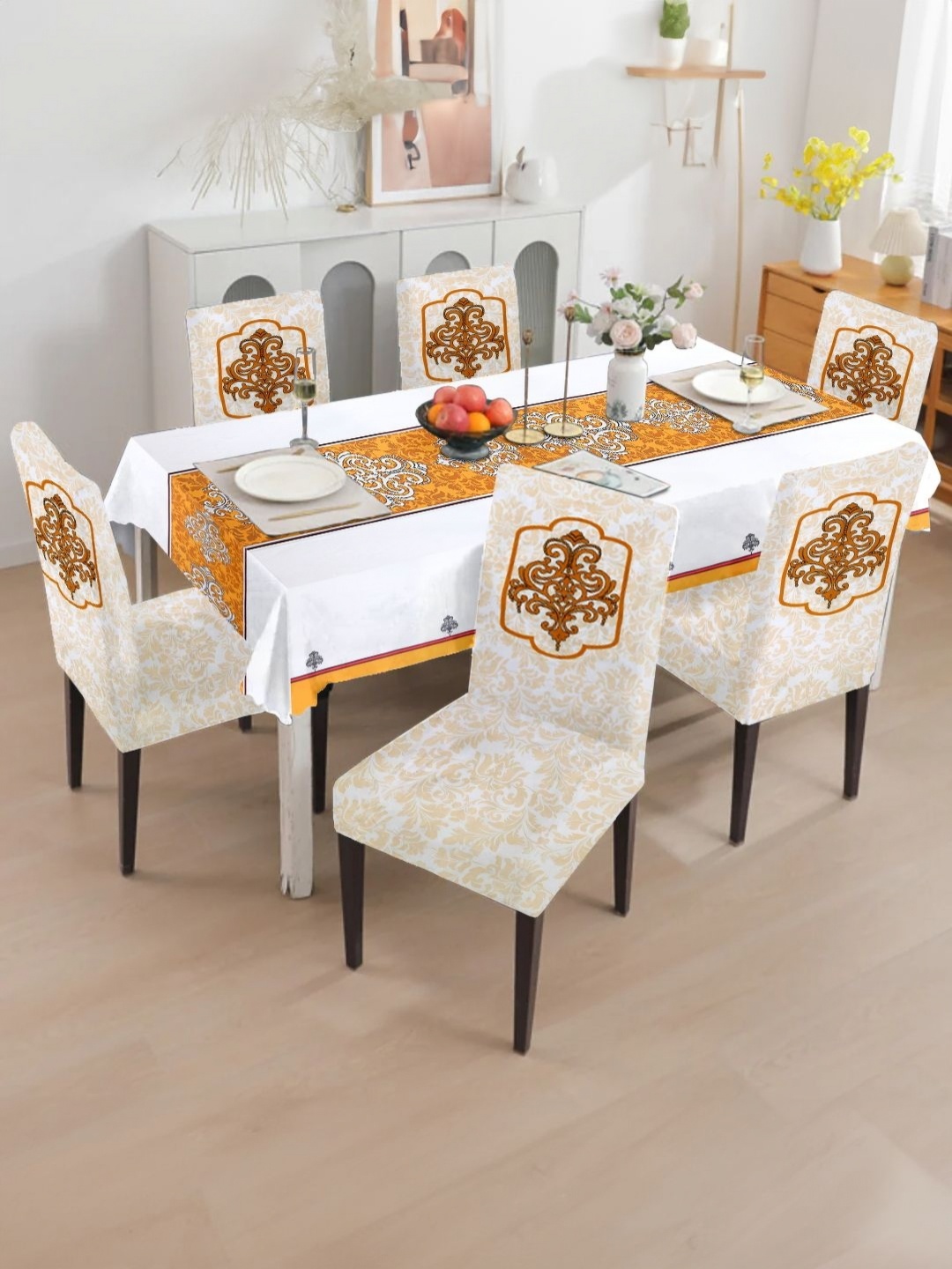 

Cortina 7Pcs Cream & Orange Printed Chair Cover With Table Cover