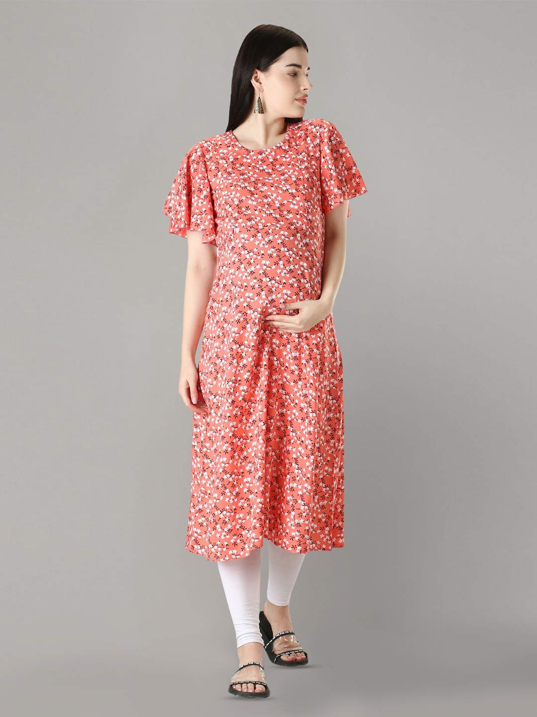 

Zuvino Floral Print Flared Sleeve Maternity Fit & Flare Midi Dress, Peach