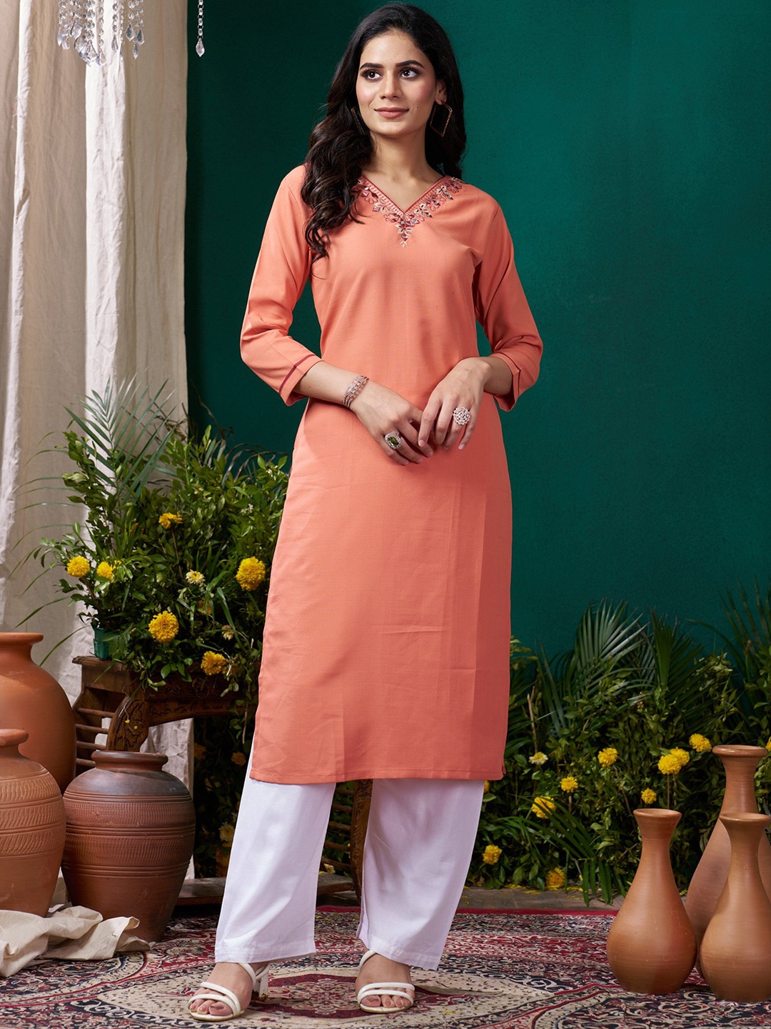 

Rujave Women Embroidered Regular Kurta with Trousers, Peach