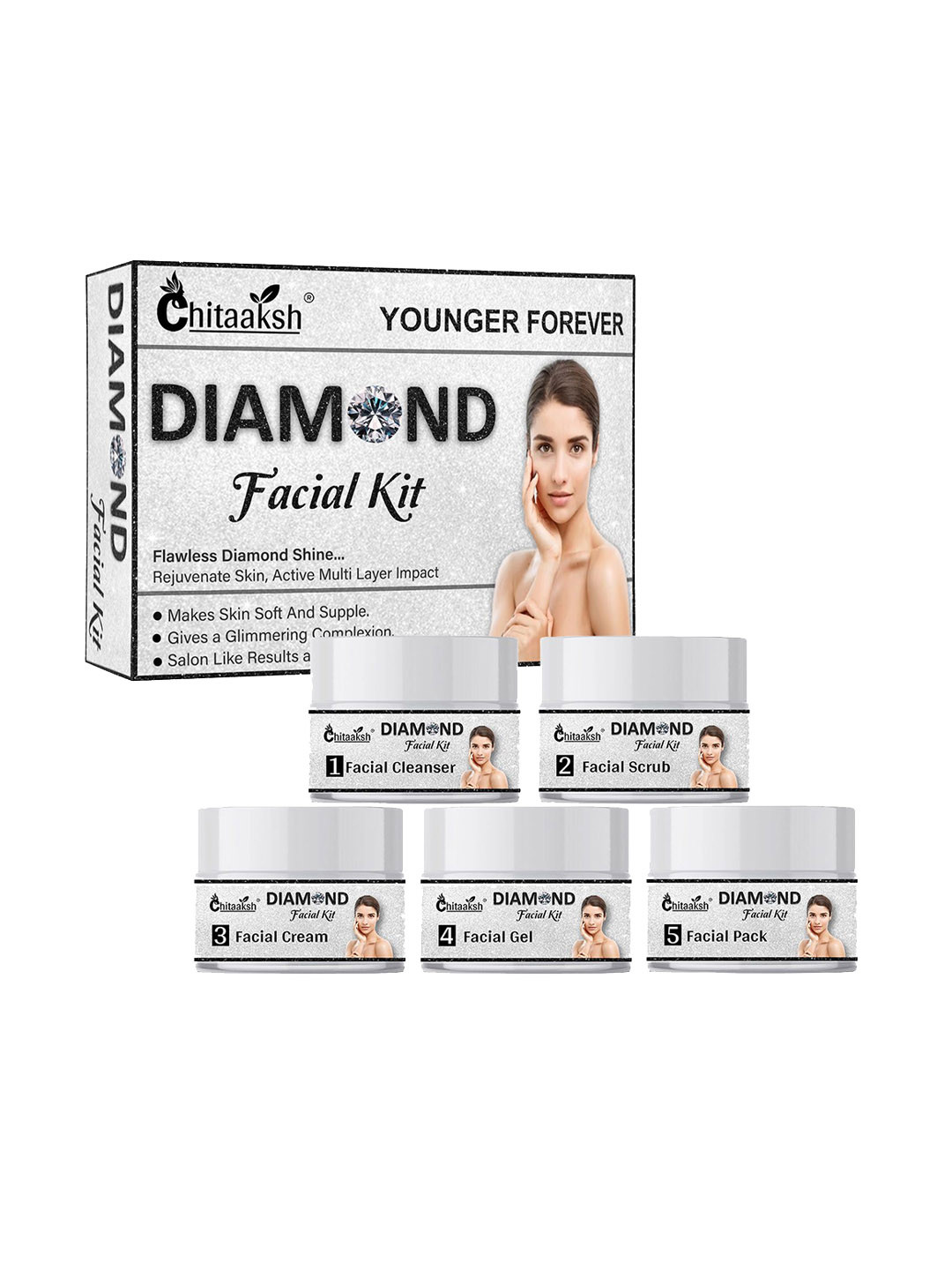 

Chitaaksh Set Of 5 Diamond Facial Cream - Scrub - Cleanser - Gel & Pack - 50 g Each, White