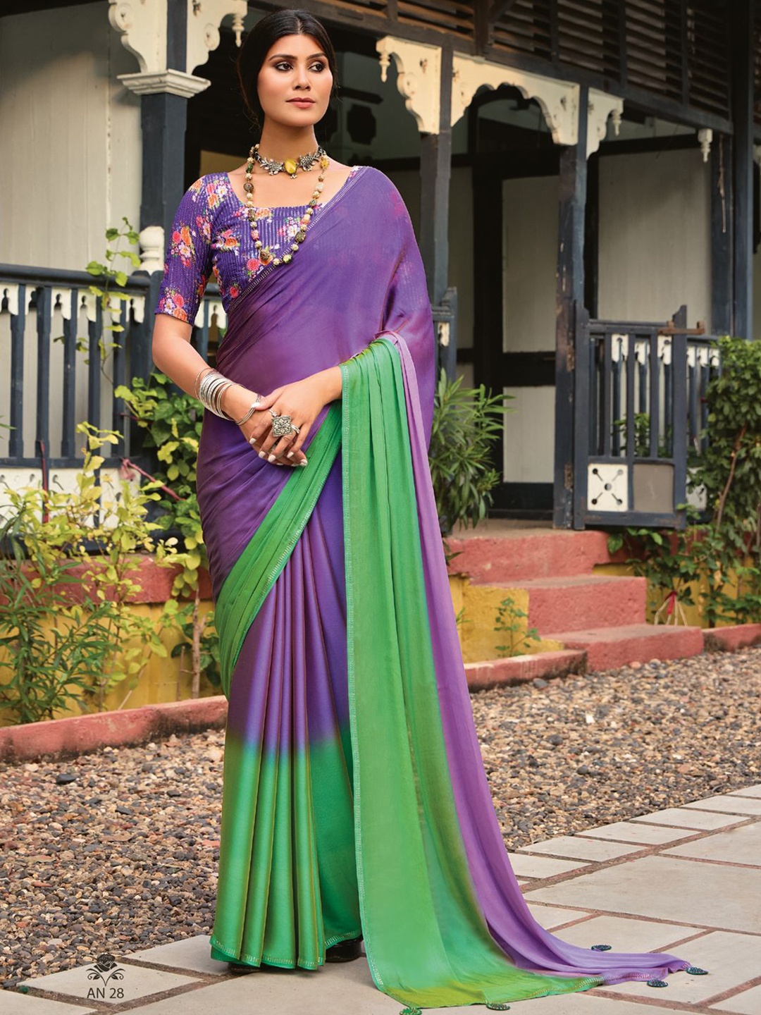 

Mitera Colourblocked Beads and Stones Poly Chiffon Saree, Purple