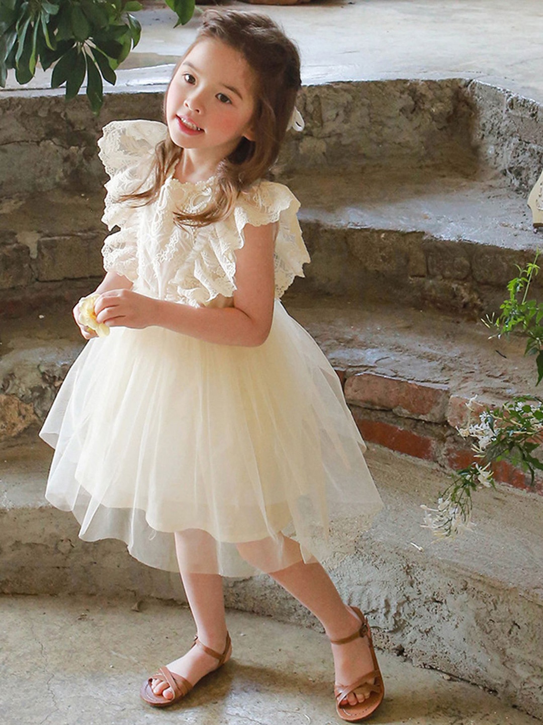 

LULU & SKY Flutter Sleeve Fit & Flare Dress, Beige