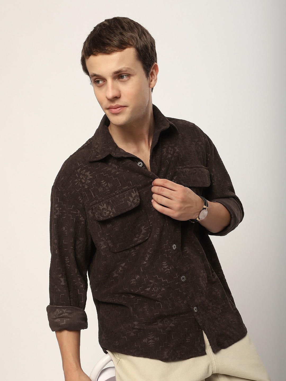 

Beyoung Abstract Structured Corduroy Shirt, Brown