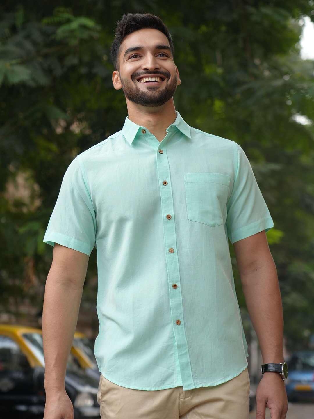 

Earthy Route Men Comfort Spread Collar Solid Casual Shirt, Green
