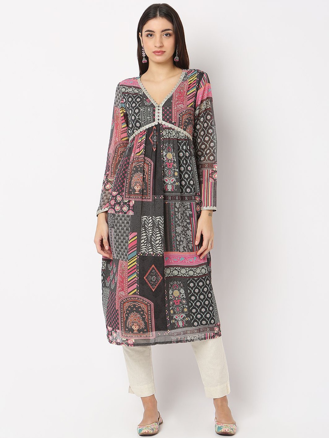 

Ethnicity Women Embroidered Cold-Shoulder Sleeves Anarkali Kurta, Grey