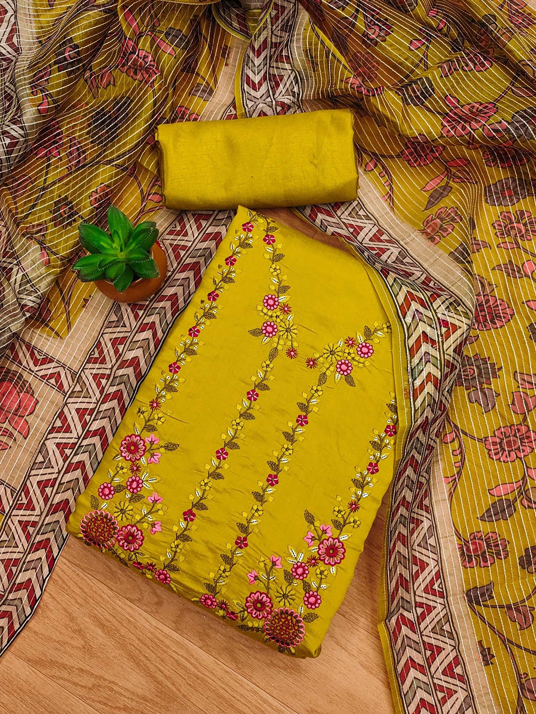 

KALINI Embroidered Unstitched Dress Material, Yellow