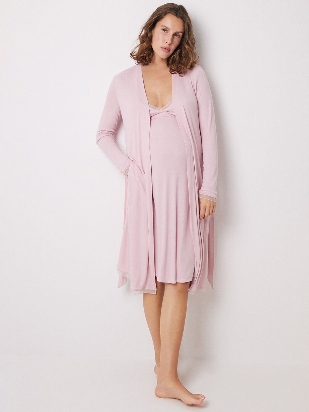 

women'secret Knee Length Ribbed Maternity Robe, Pink